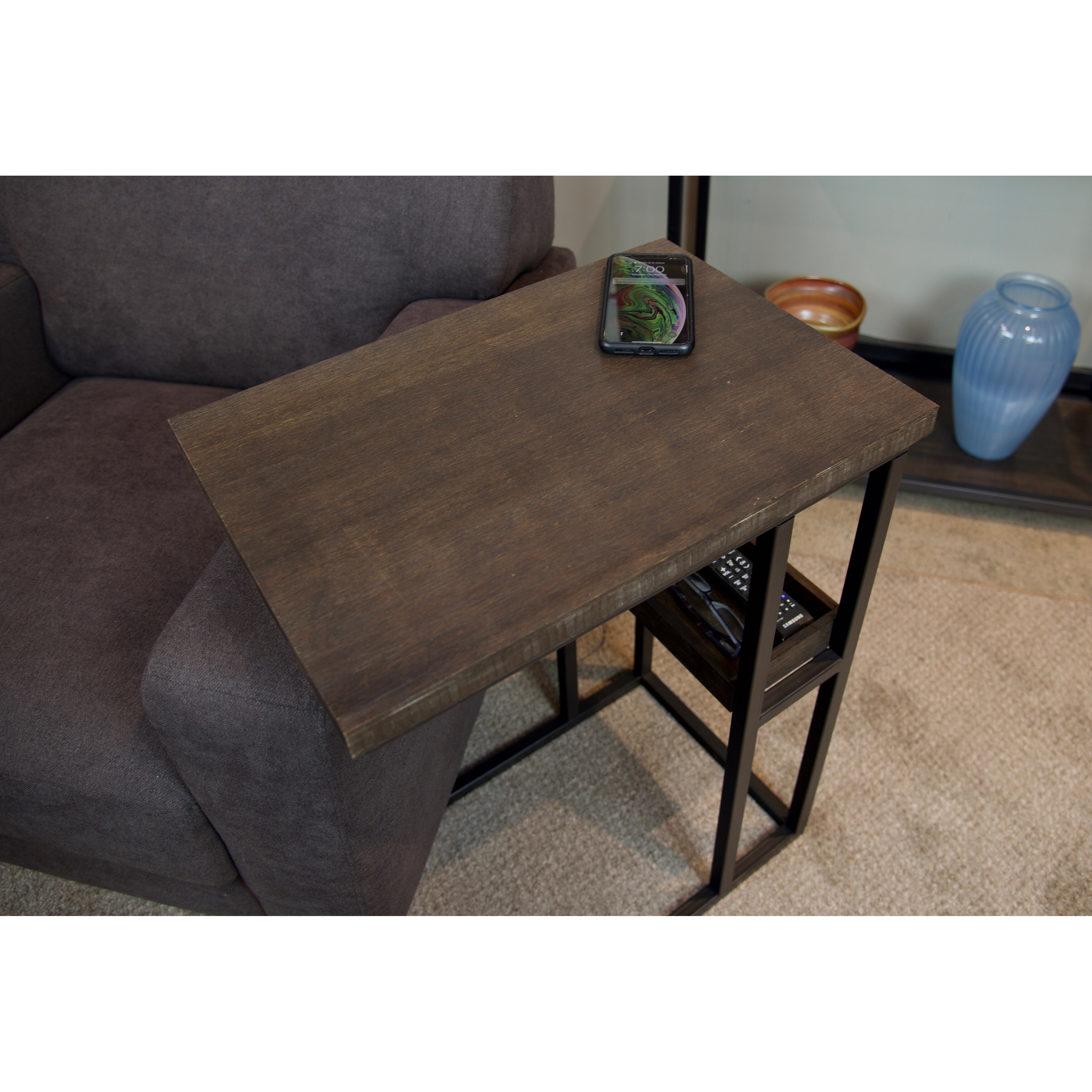 Solid Bamboo Steel Frame C-Table with Tray & Wireless USB Charger