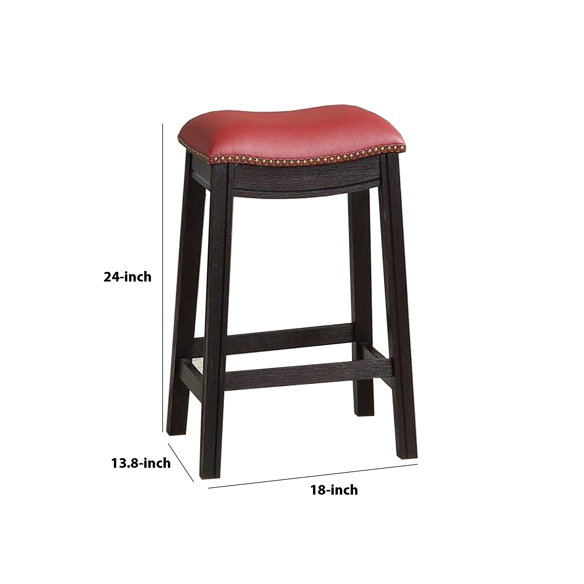 24 Inch Padded Counter Stool with Nailhead Trim, Set of 2, Brown and Red