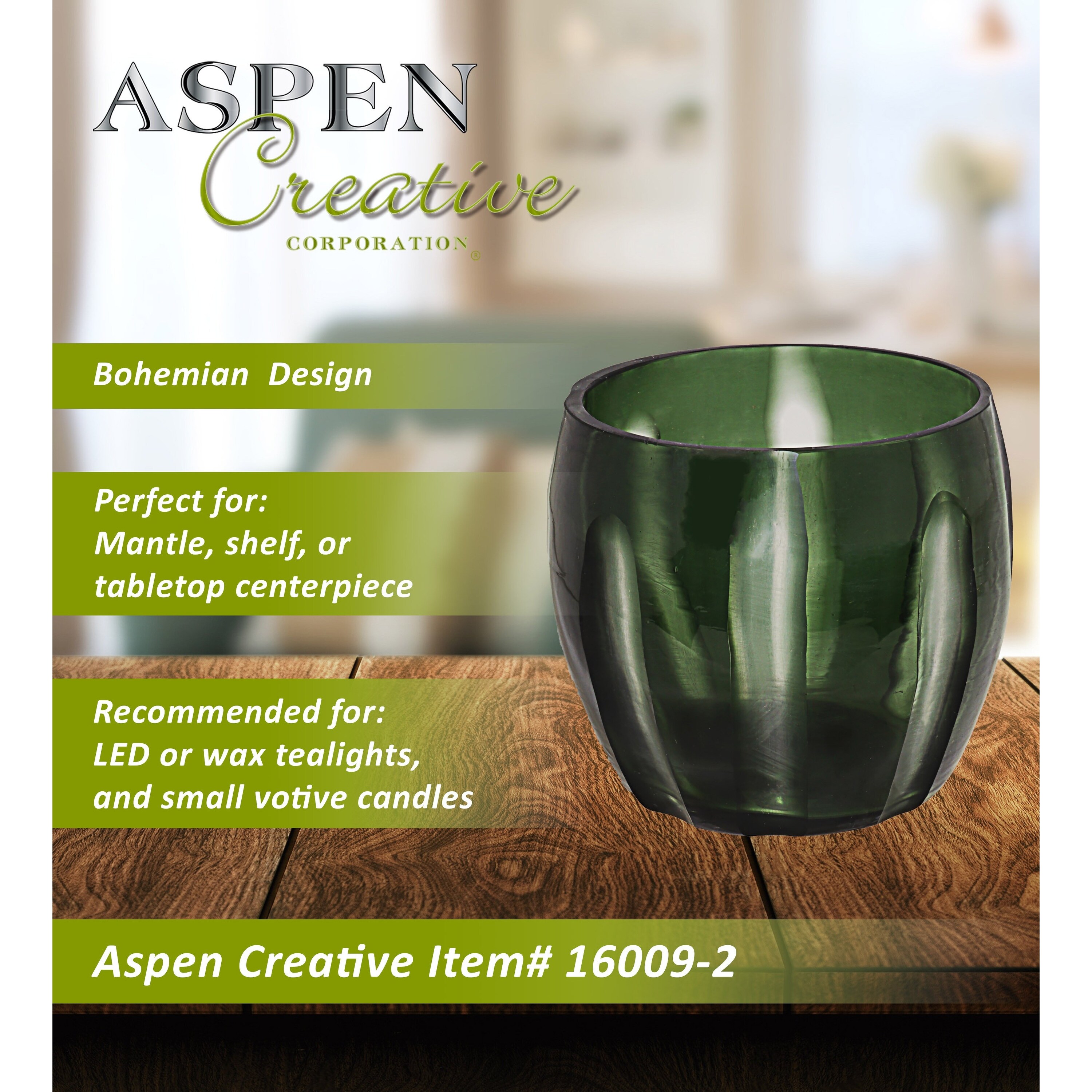 Aspen Creative Green Glass Votive Candle Holder 4-1/4" Diameter x 4" Height, 2 Pack