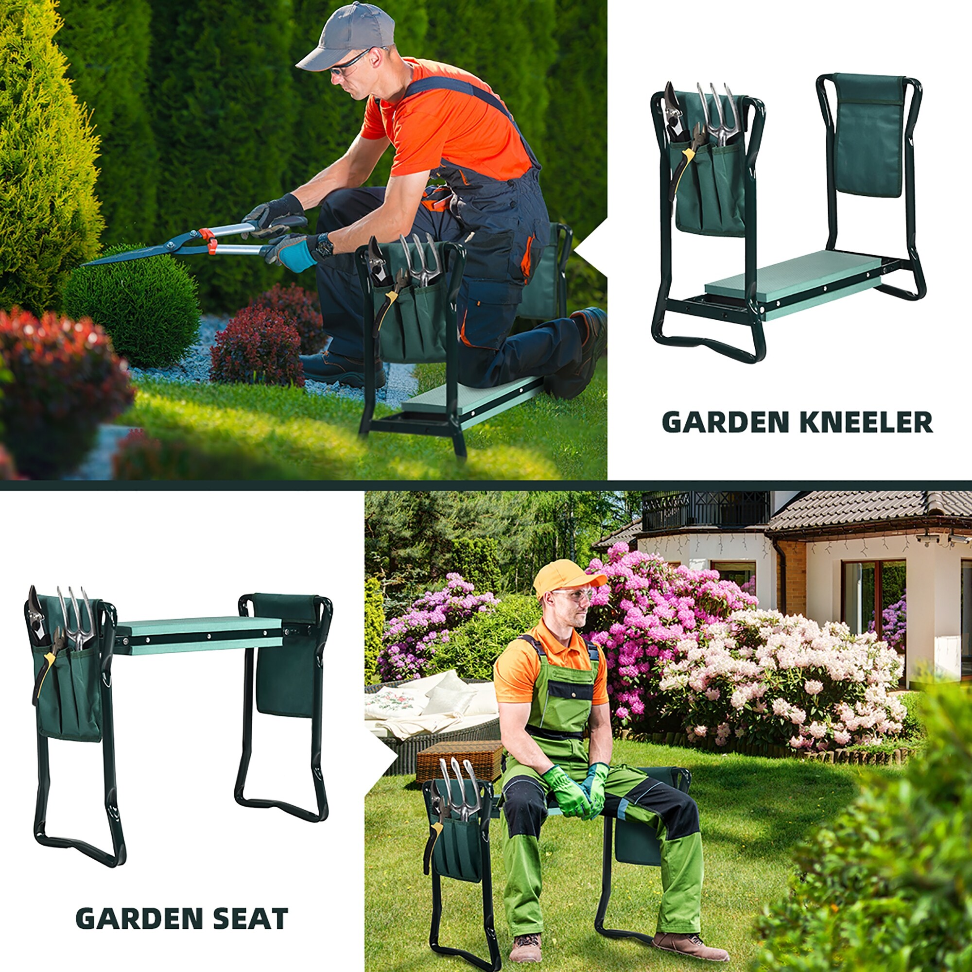 Foldable Garden Kneeler Bench Portable Garden Stool with Tools Pouch