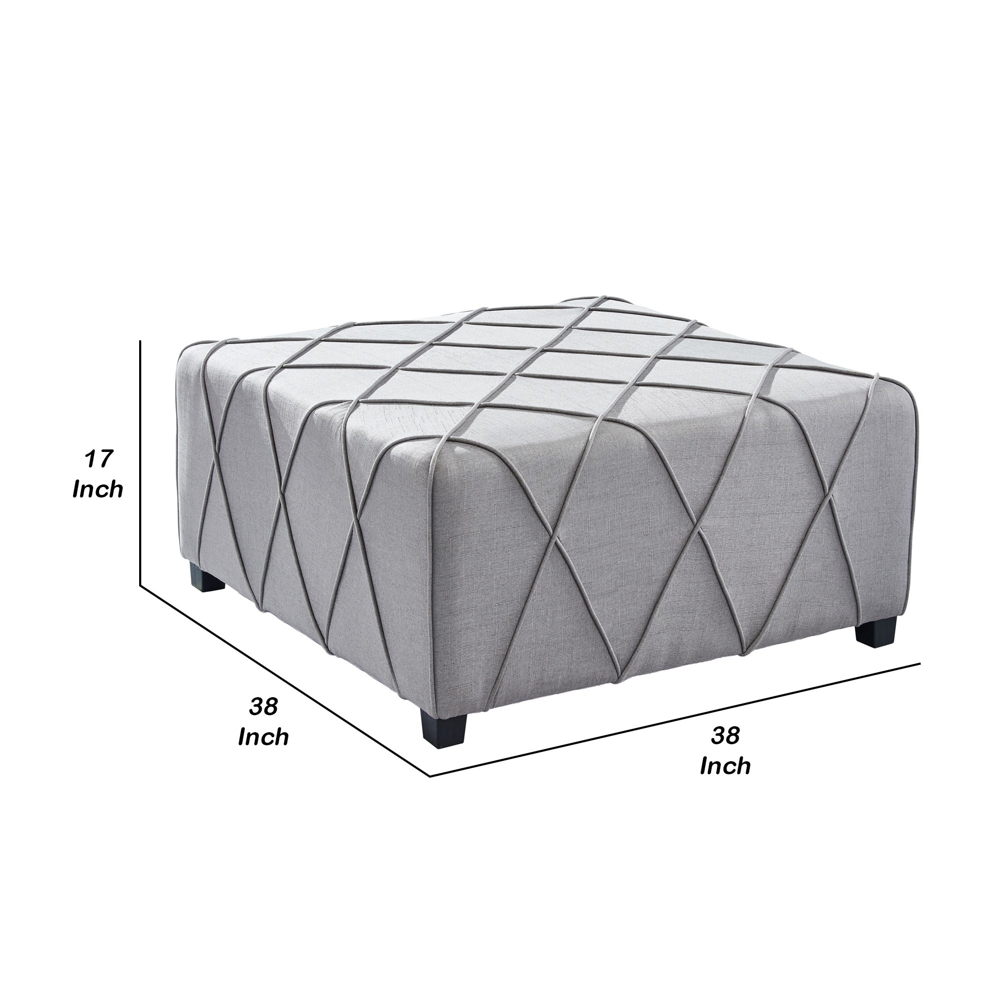 17 Inch Fabric Ottoman with Piping Details, Light Gray