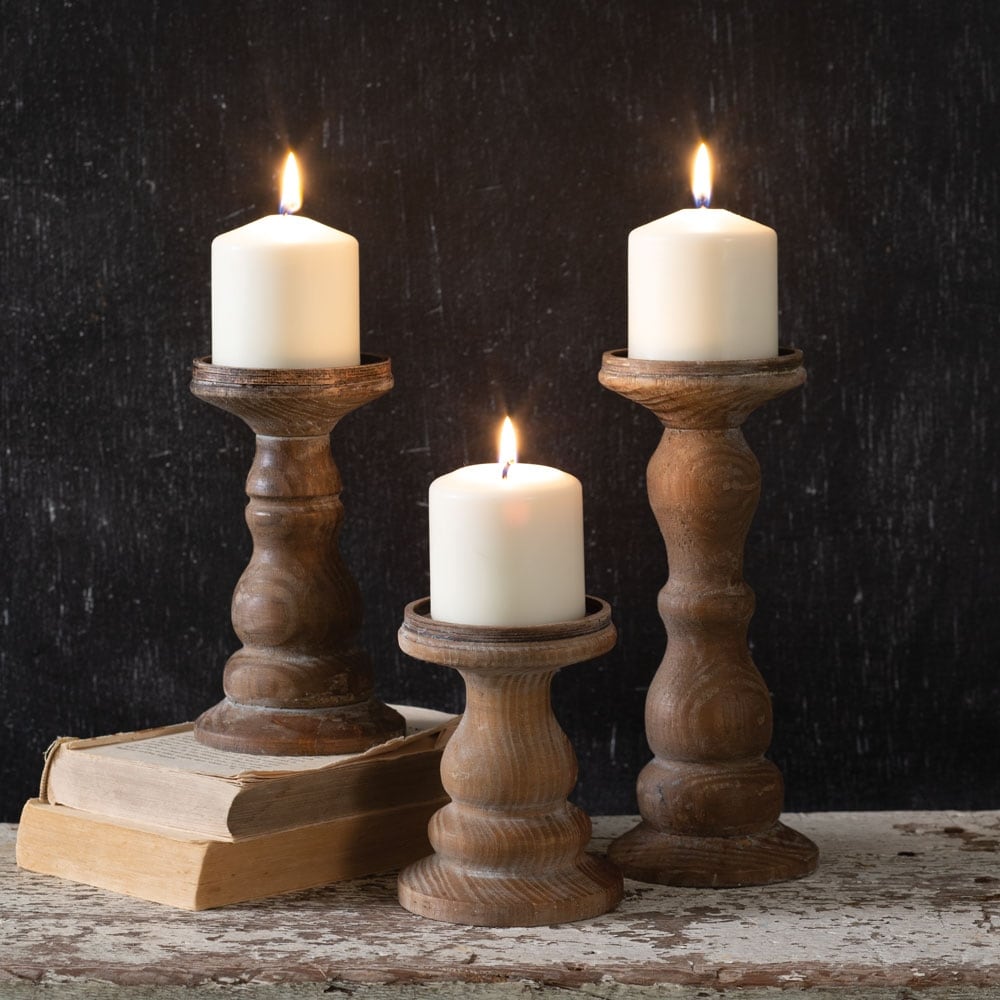 Set of Three Wooden Pillar Candle Holders - 3?'' dia. x 9?''H
