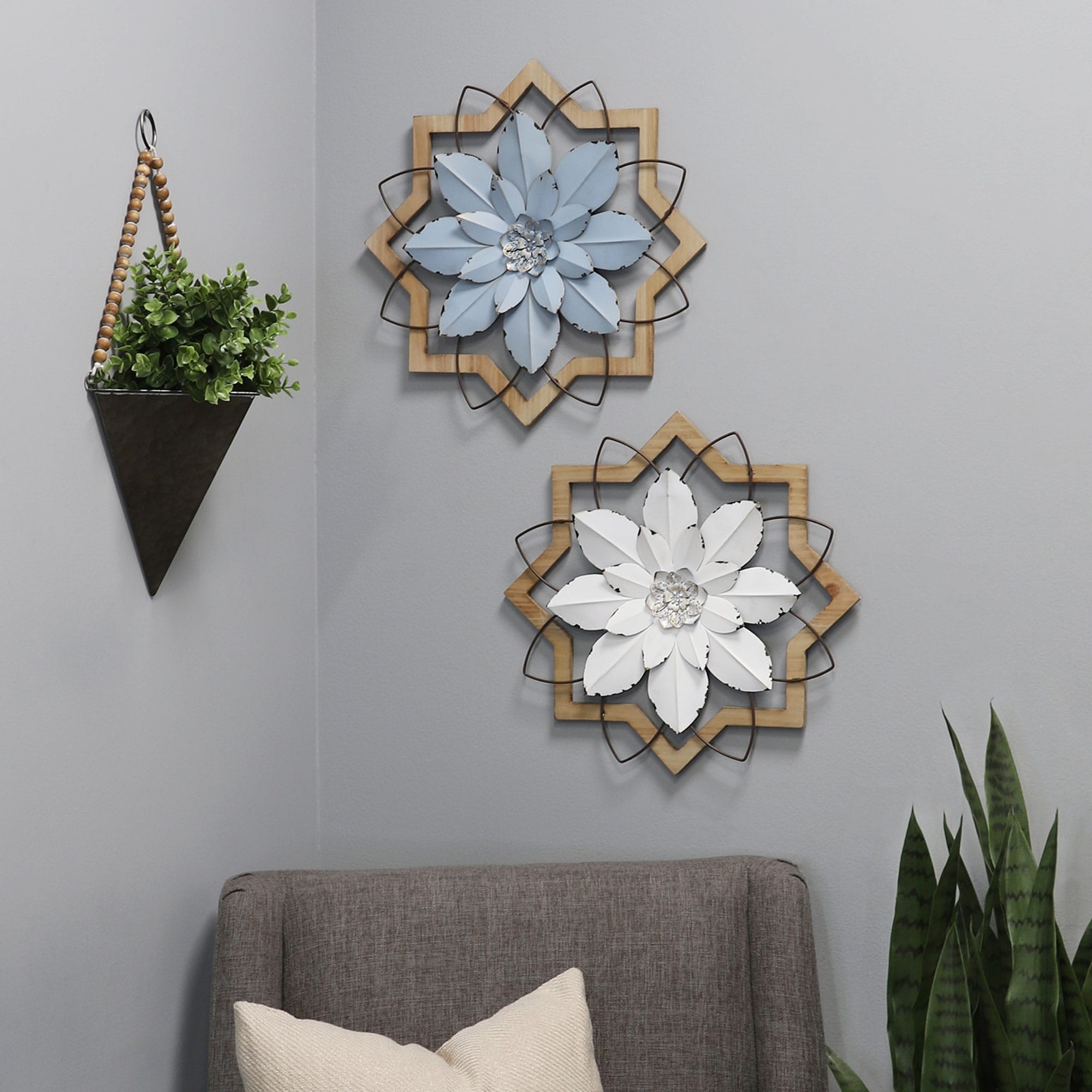 Light Blue Flower Metal and Wood Framed Wall Art - Light Blue