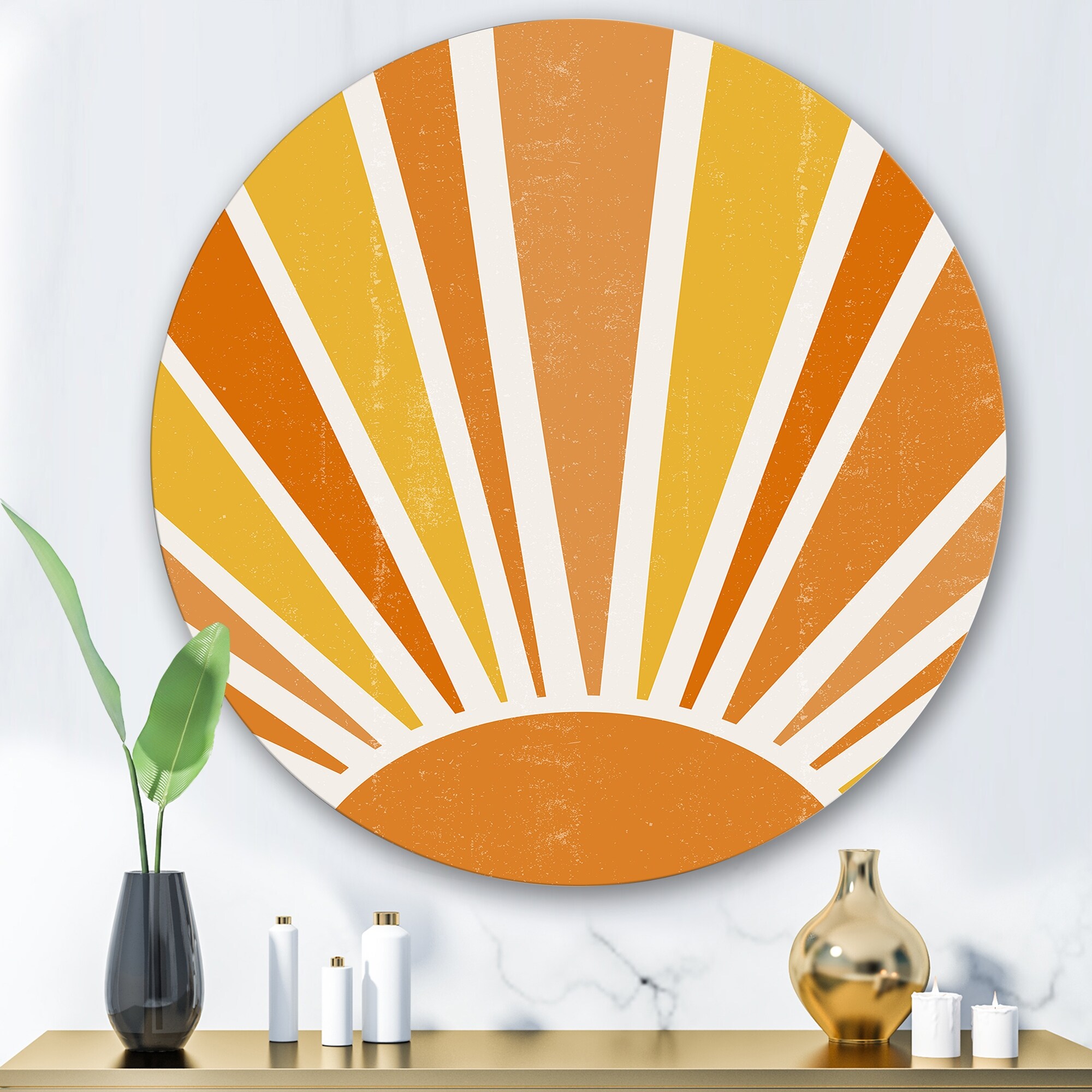 Designart 'Minimalist Bright Shining Orange Sun Rays II' Modern Metal Circle Wall Art