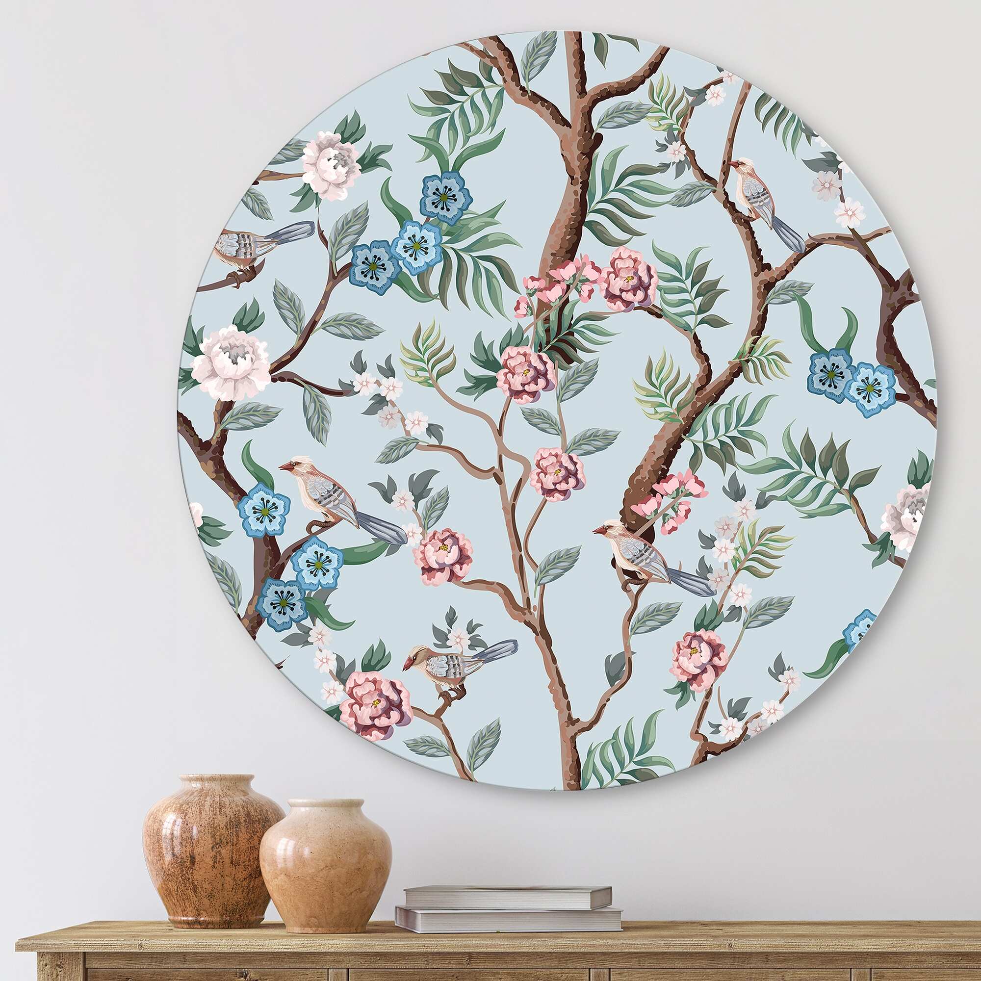Designart 'Chinoiserie With Birds and Peonies X' Traditional Metal Circle Wall Art