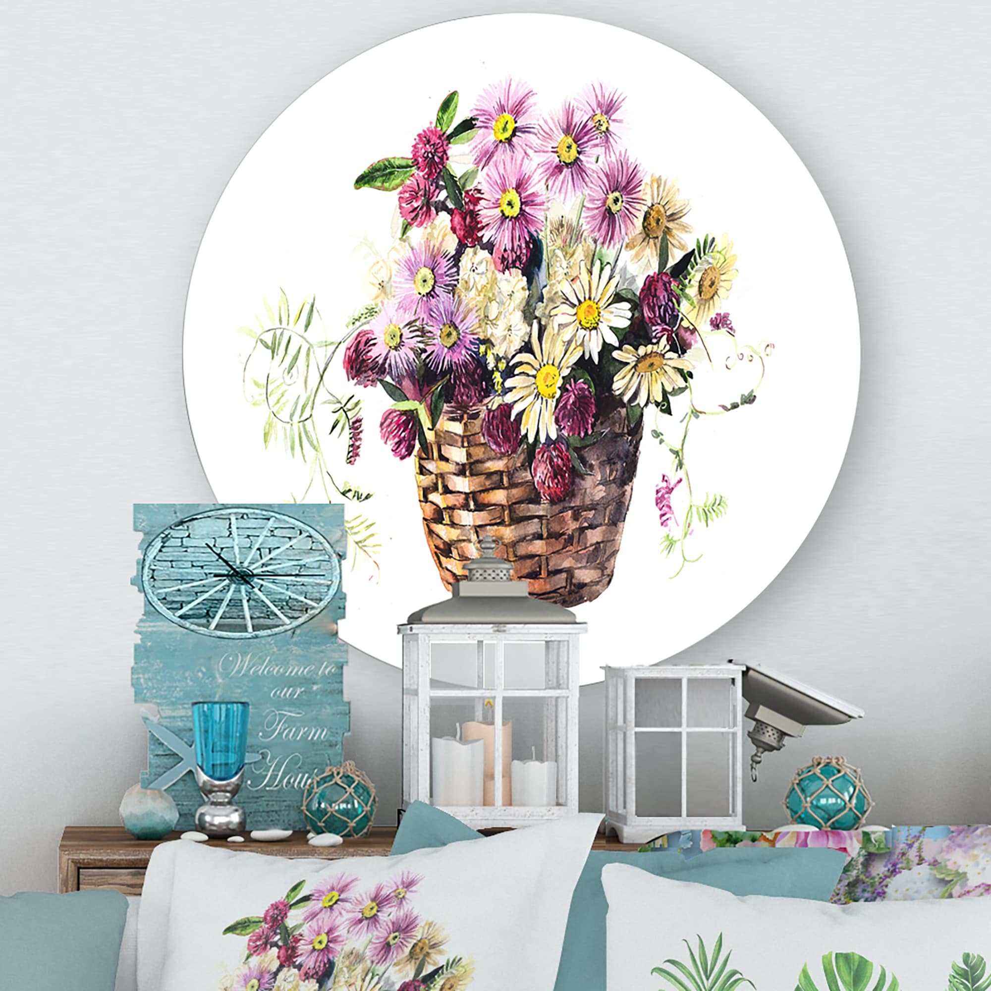 Designart 'Bouquet From Meadow Flowers In The Basket' Traditional Metal Circle Wall Art