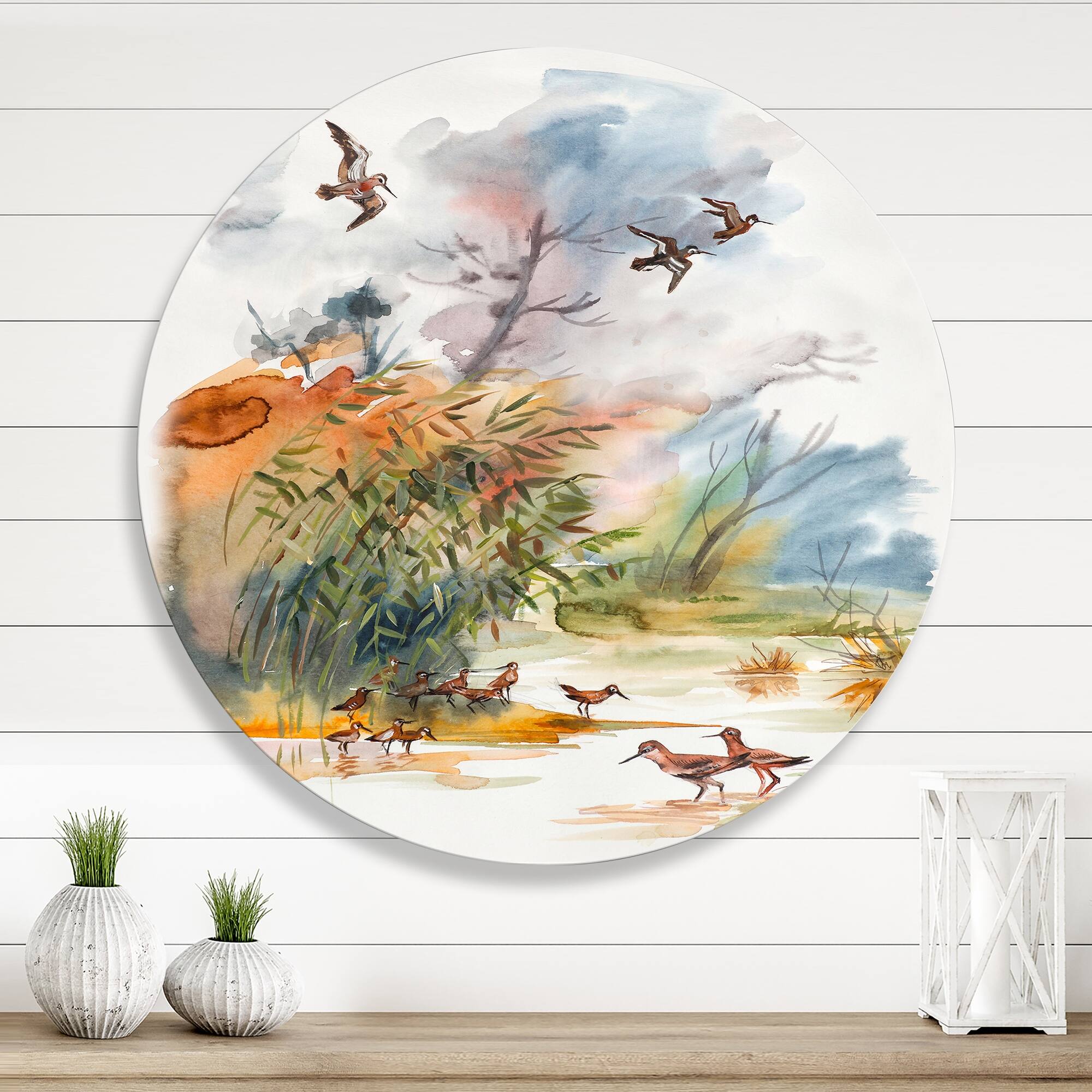 Designart 'Autumn Landscape With Flying Over The Water' Traditional Metal Circle Wall Art