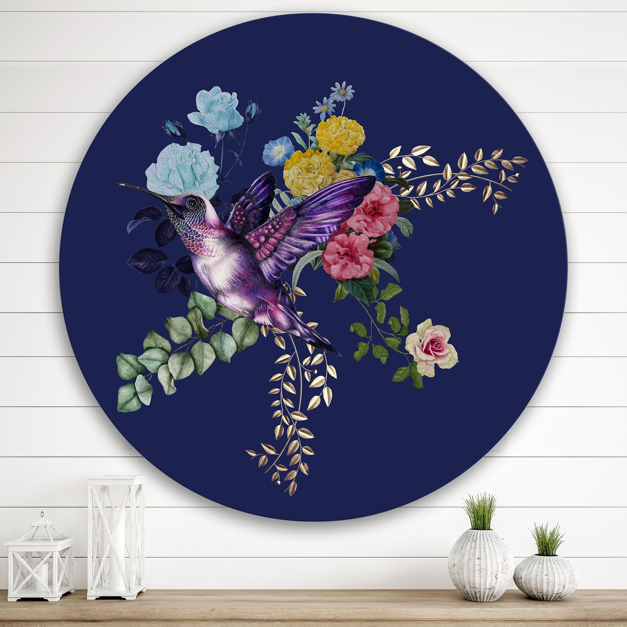 Designart 'Little Bird On Colourful Bouquet Of Wildflowers I' Traditional Metal Circle Wall Art