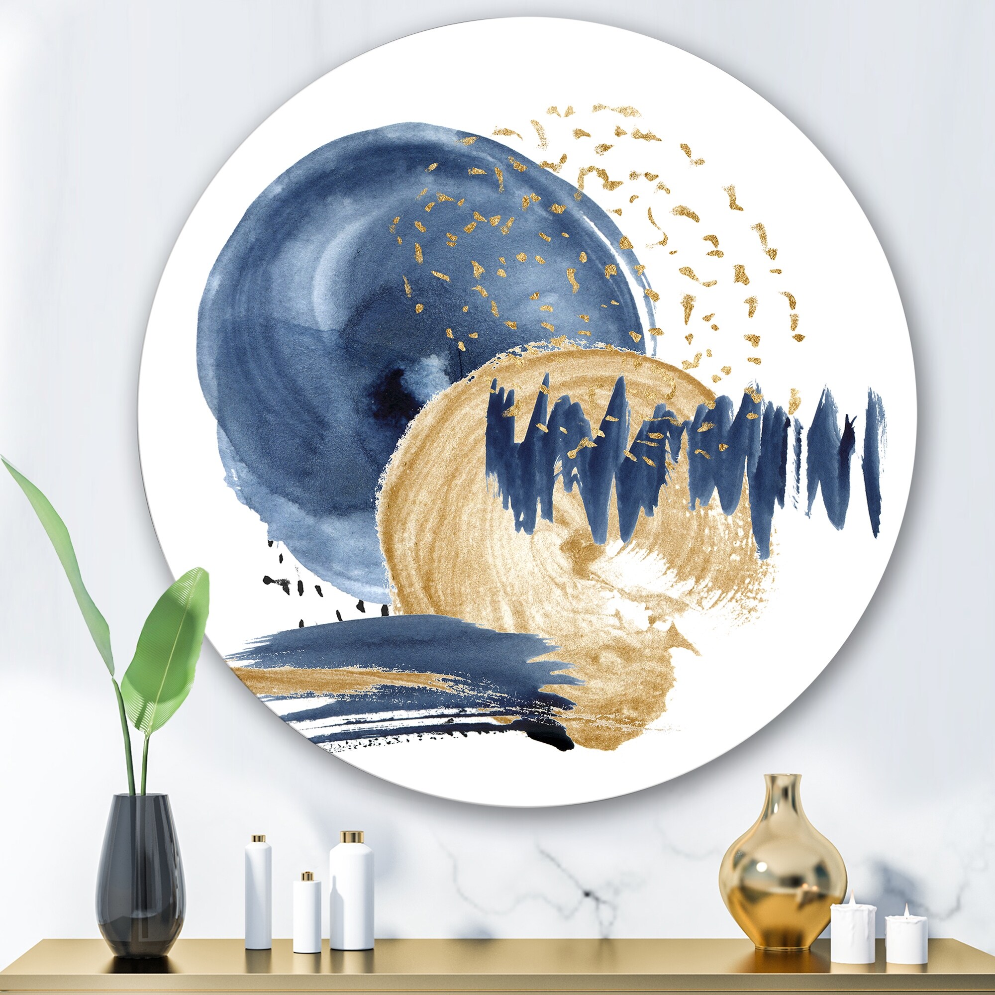 Designart 'Dark Blue & Gold Abstract Circle Ocean Texture' Modern Metal Circle Wall Art