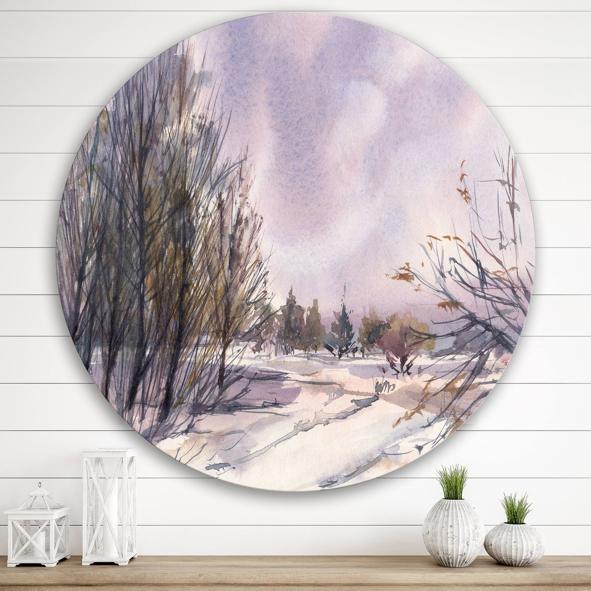 Designart 'Winter Landscape With Purple Snowy Tones' Traditional Metal Circle Wall Art