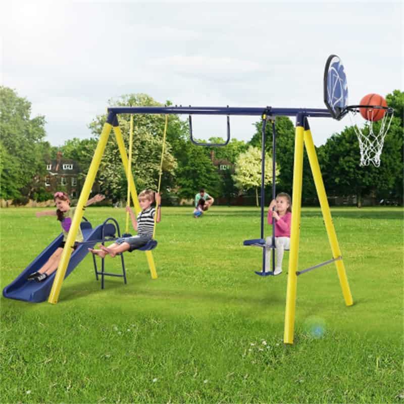 AOOLIVE Outdoor 5 in 1 Tolddler Swing Set with Silde,Basketball Hoop