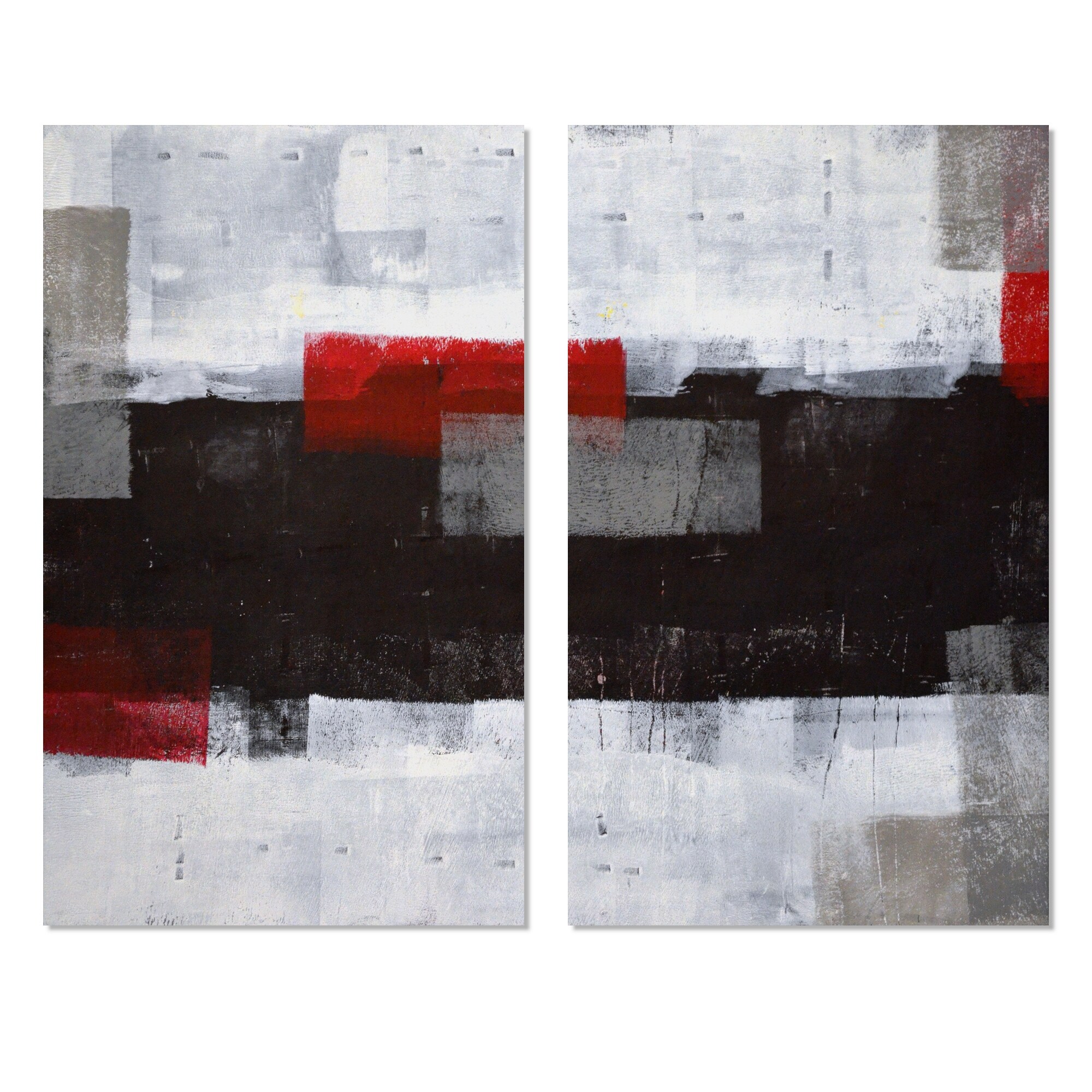 Designart "Grey and Red Abstract Art" Modern Canvas Wall Art Print 2 Piece Set