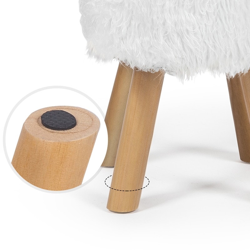 Adeco Round Ottoman Footrest Stool Furry Home Decorative Bench | White