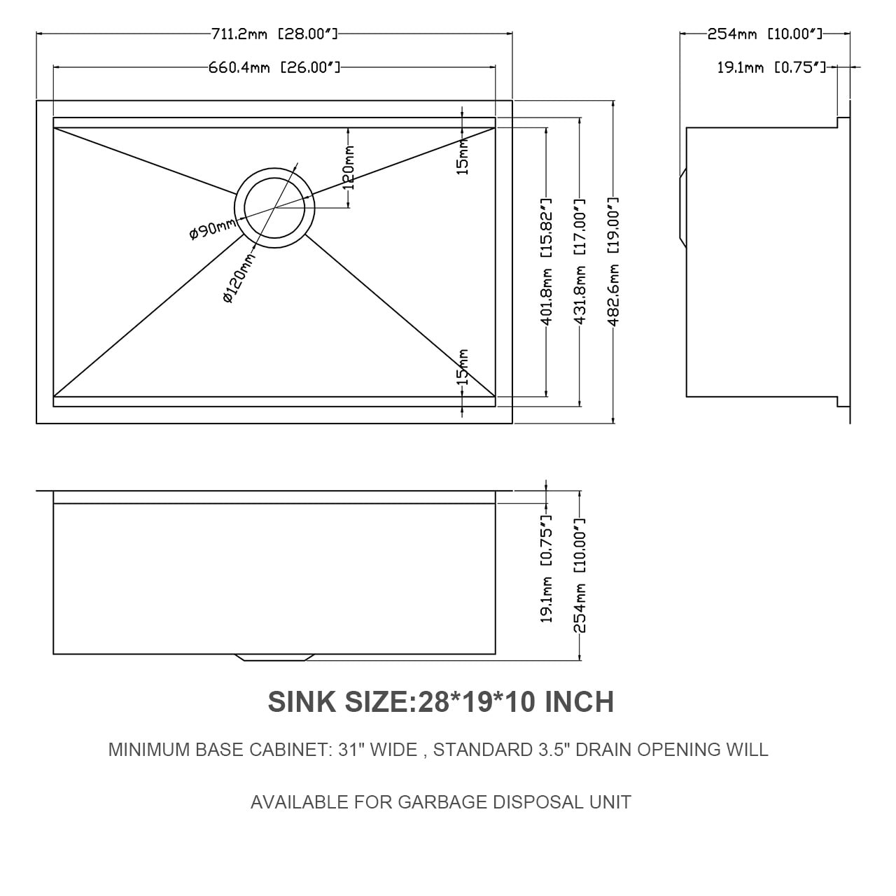 Kichae 23/27/28/30/32 Inch 16 Gauge Stainless Steel Workstation Undermount Kitchen Sink Deep Single Bowl