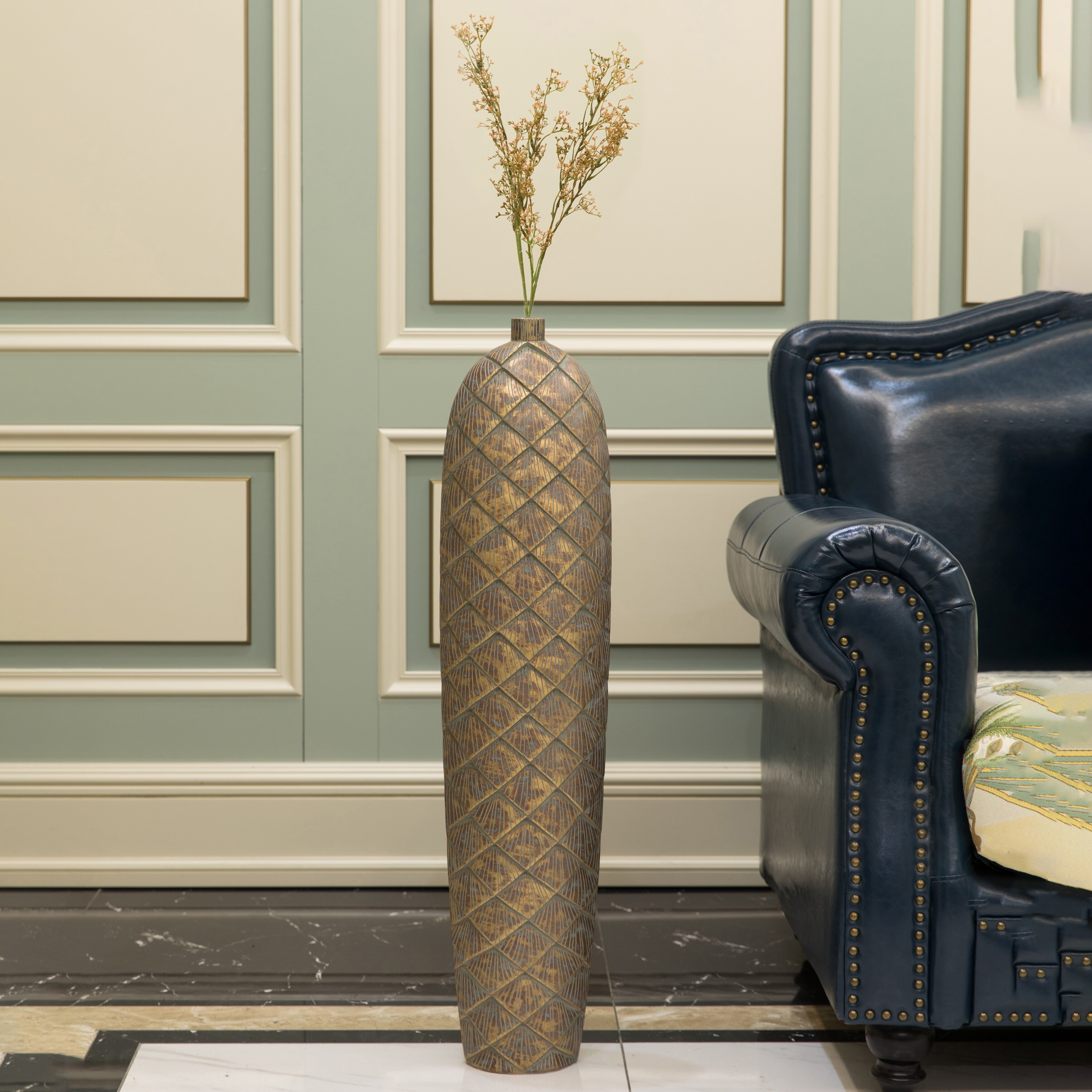 Tall Cylinder Antique Style Designed Floor Vase, Ceramic Rustic