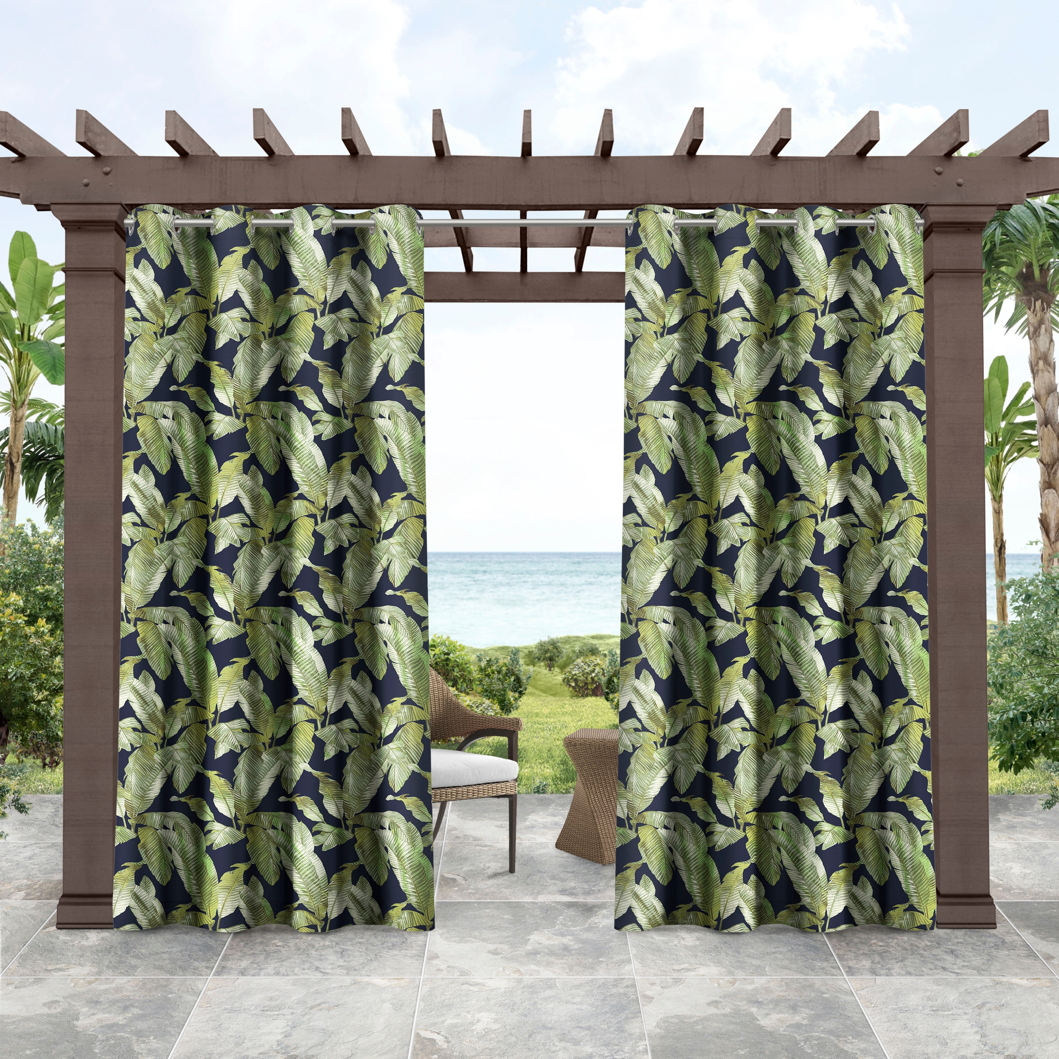 Tommy Bahama Indoor/Outdoor Island Palm Light Filtering Grommet Top Curtain Panel Pair - 54x96 - Island Deep