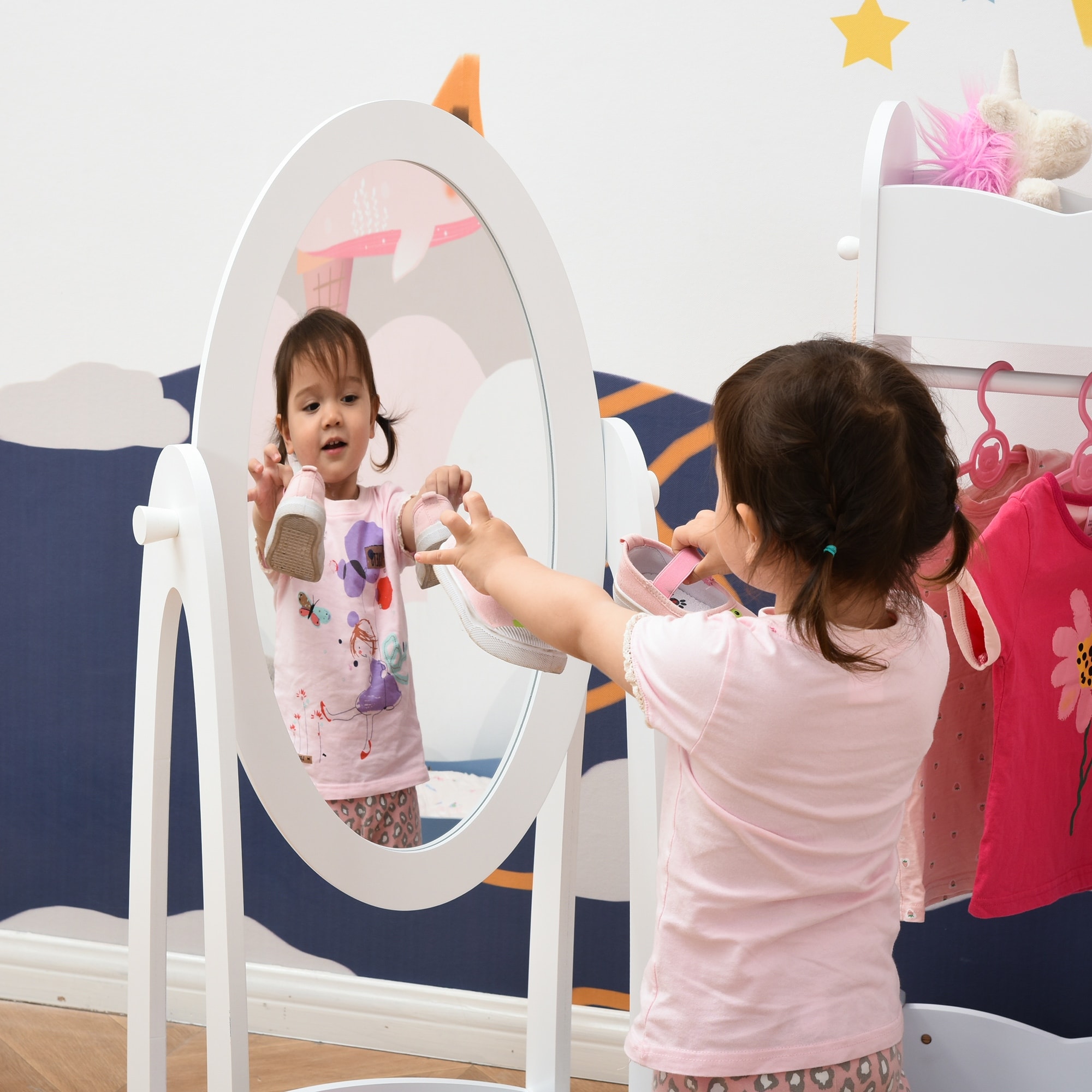 HOMCOM Full Length Mirror for Kids Girls Bedroom Decor, White - 15.75"L x 11.75"W x 41"H