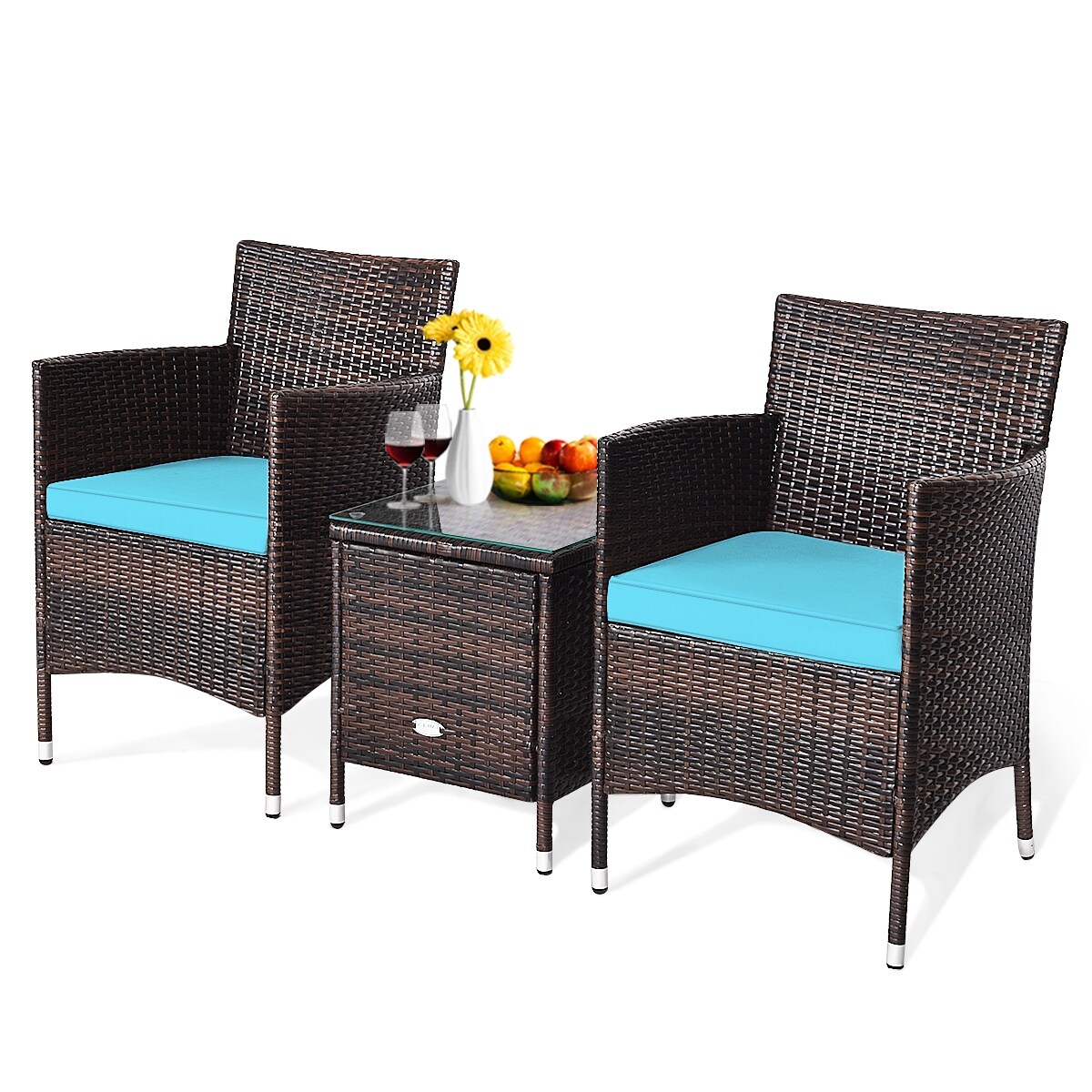 Costway Outdoor 3 PCS Rattan Wicker Furniture Sets Chairs Coffee Table - 3-Piece Sets