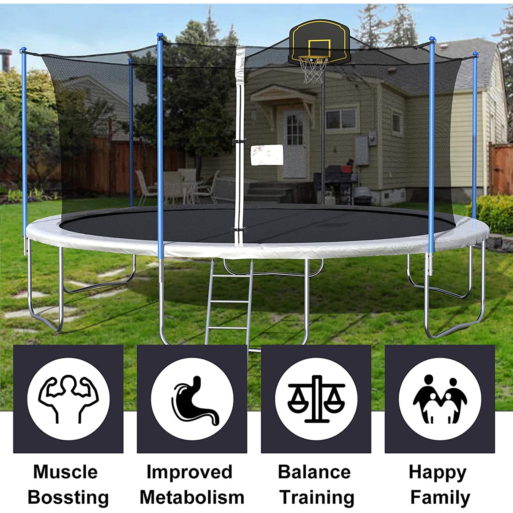 16Ft Trampoline with Enclosure Net Basketball Hoop - High Weight Capacity Big Outdoor Trampoline for Kids and Adults
