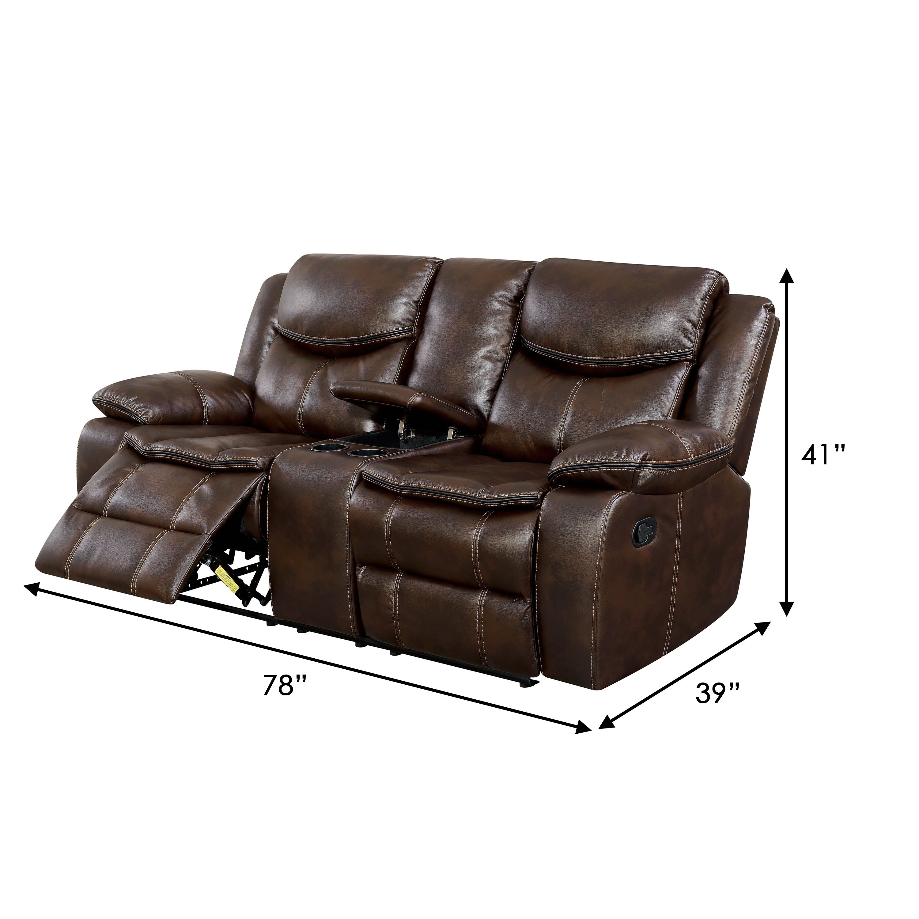 Console Loveseat with 2 Cupholders and Contrast Stitch, Brown