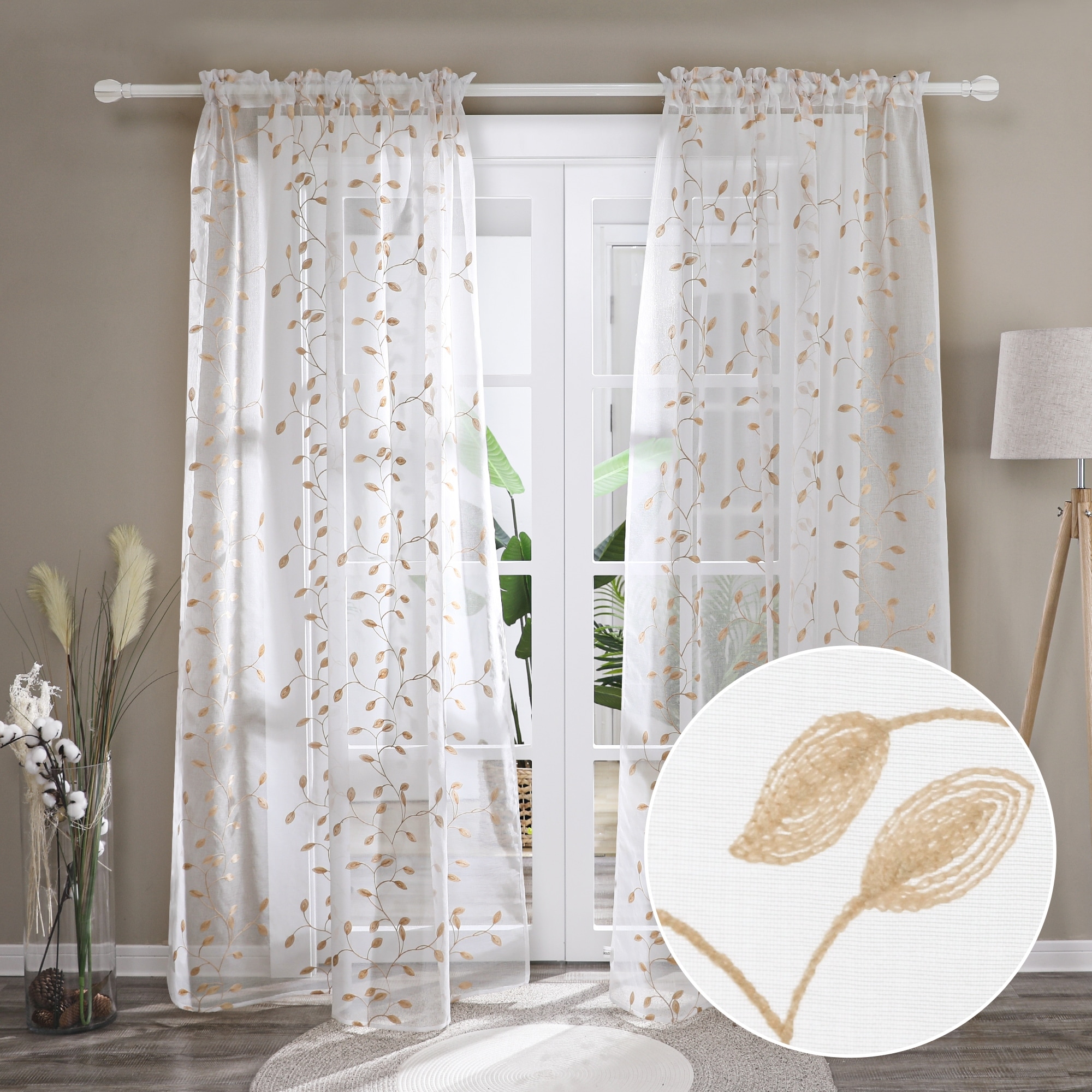Deconovo Sheer Embroidered Floral Curtains Pair (2 Panel)