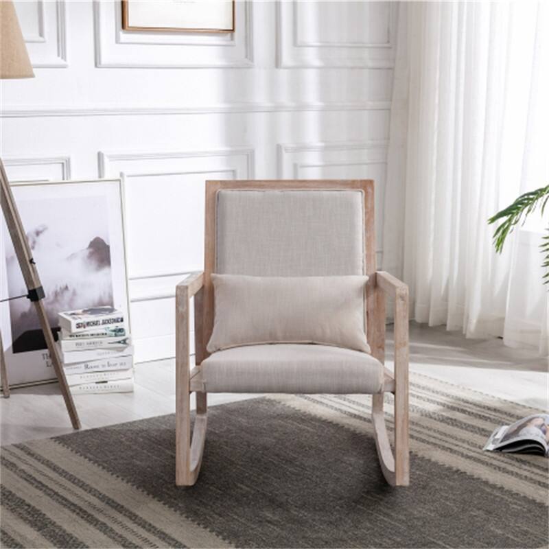 Wood Rocking Chair With Linen Fabric Covered&a Lumbar Pillow,Beige