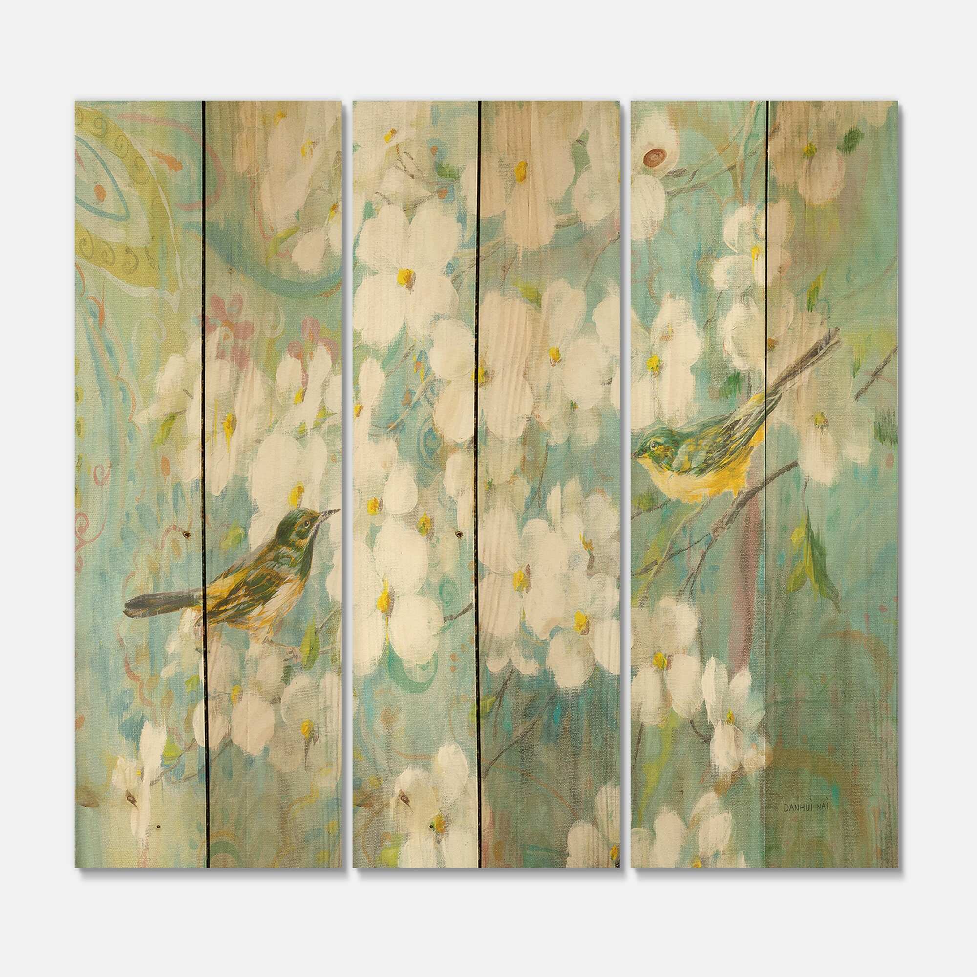 Designart 'Birds on Blossom' Traditional Print on Natural Pine Wood - 3 Panels