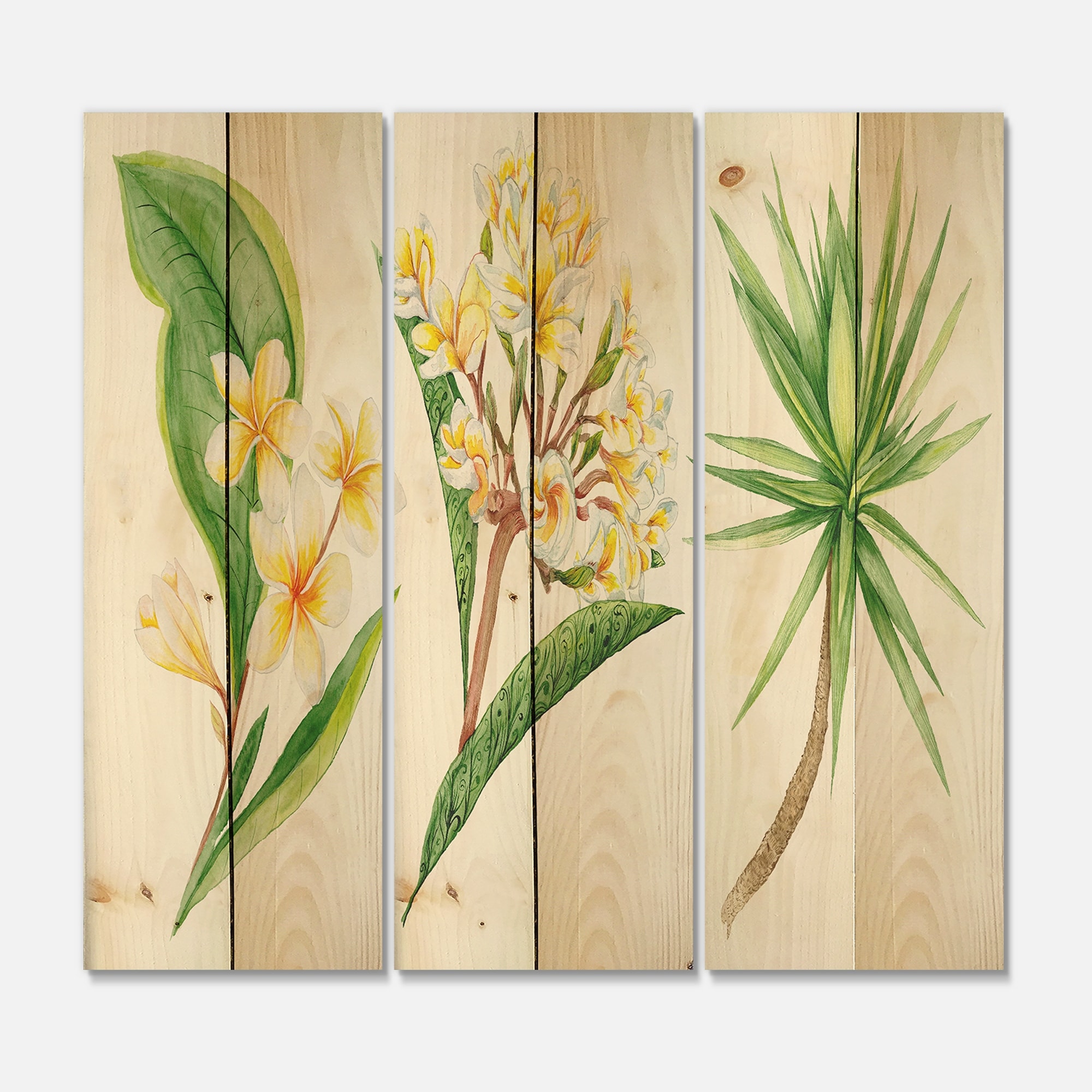 Designart 'Tropical Foliage and Yellow Flowers XII' Traditional Print on Natural Pine Wood - 3 Panels