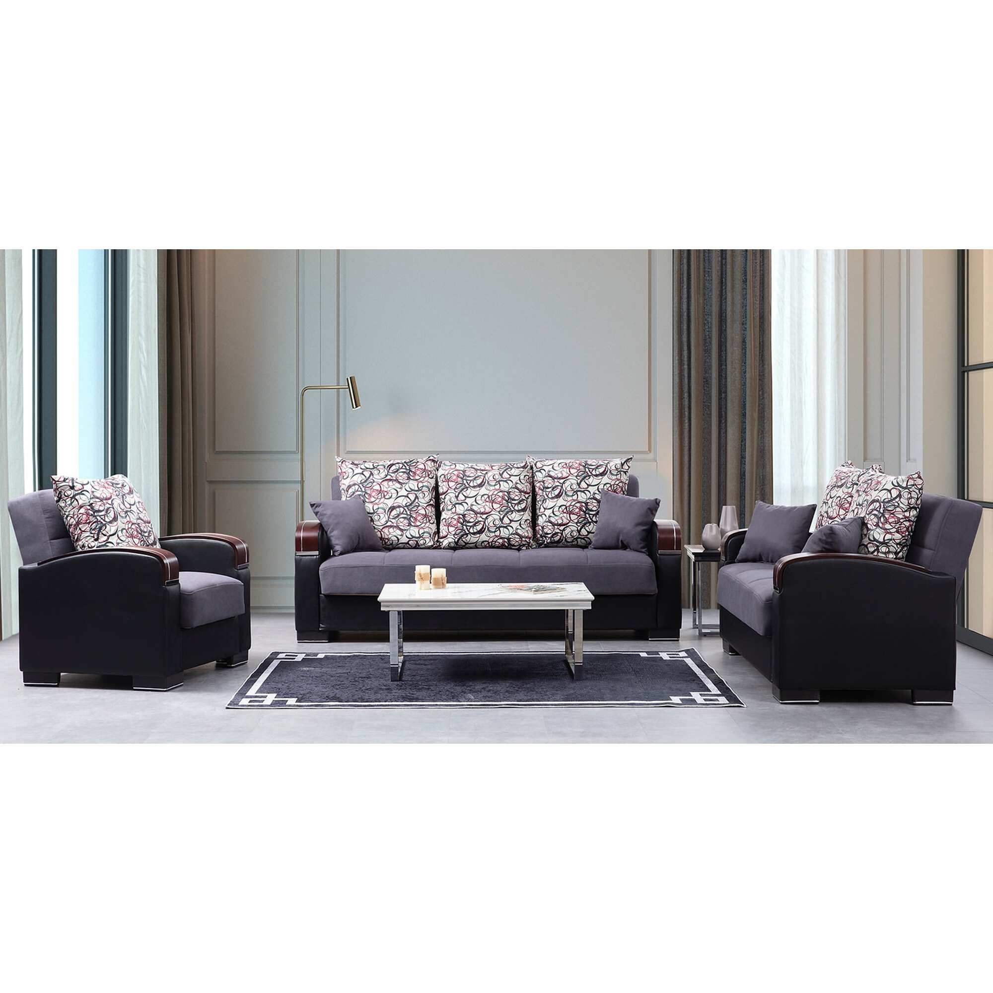 Tulsa Grey Fabric-Leather Upholstered Convertible Loveseat with Storage