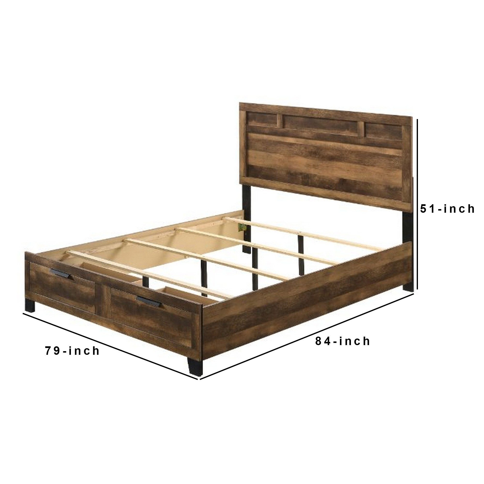 Eastern King Bed with Panel Headboard and 2 Drawers, Brown