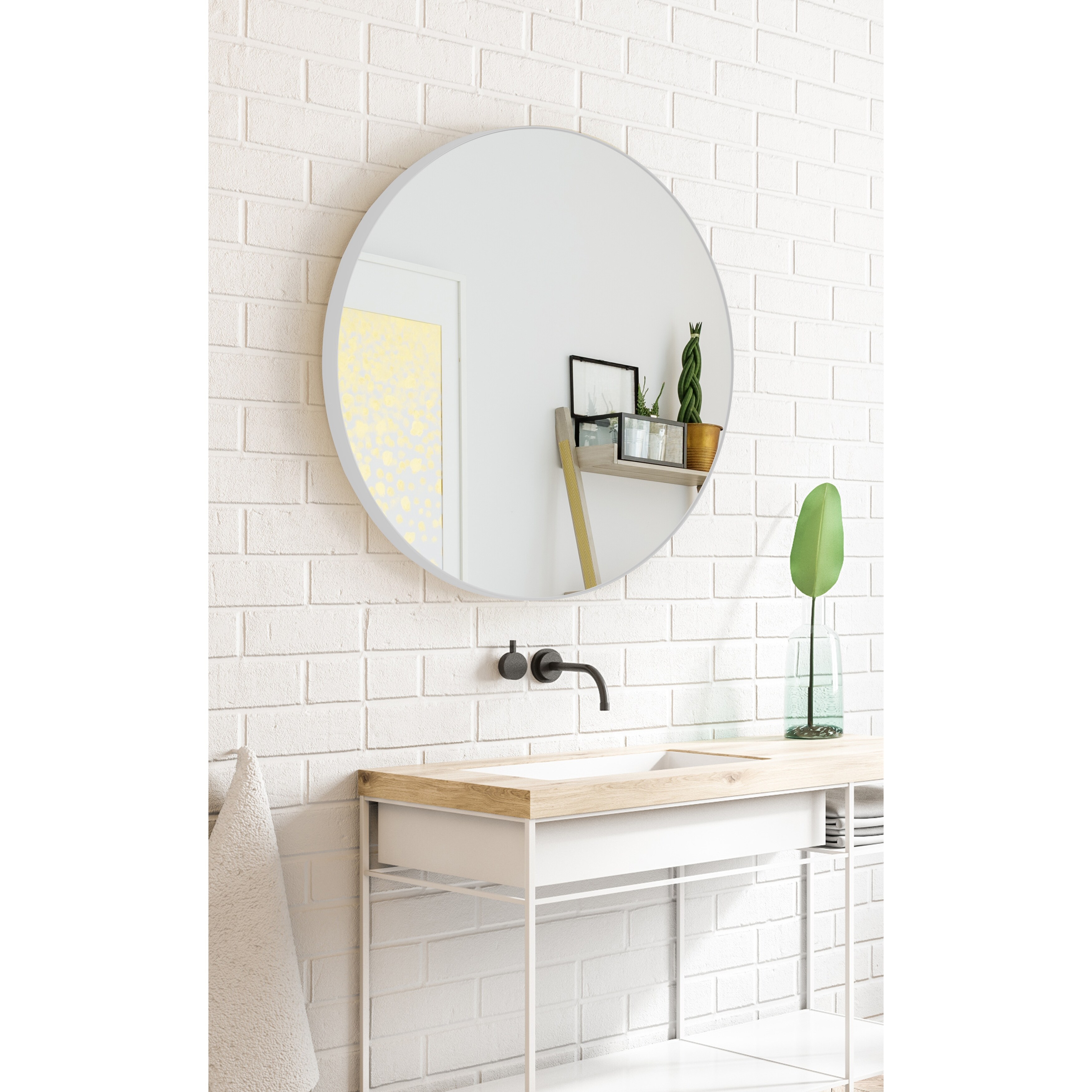 SUNBOW White Flat Round Wall Mirror- 24 Inches