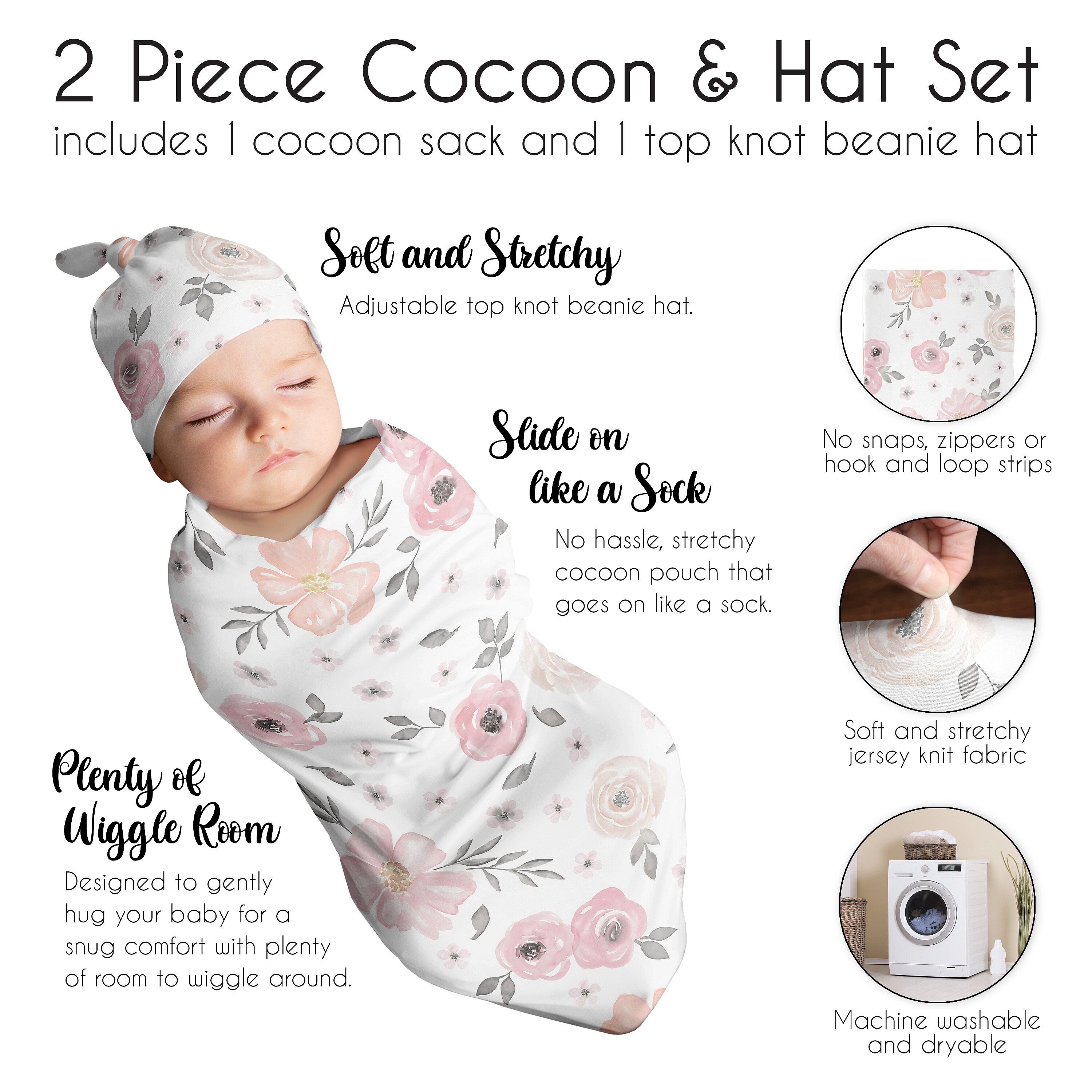 Watercolor Floral Collection Girl Baby Cocoon and Beanie Hat Sleep Sack - 2pc Set - Pink Grey White Boho Shabby Chic Rose Flower
