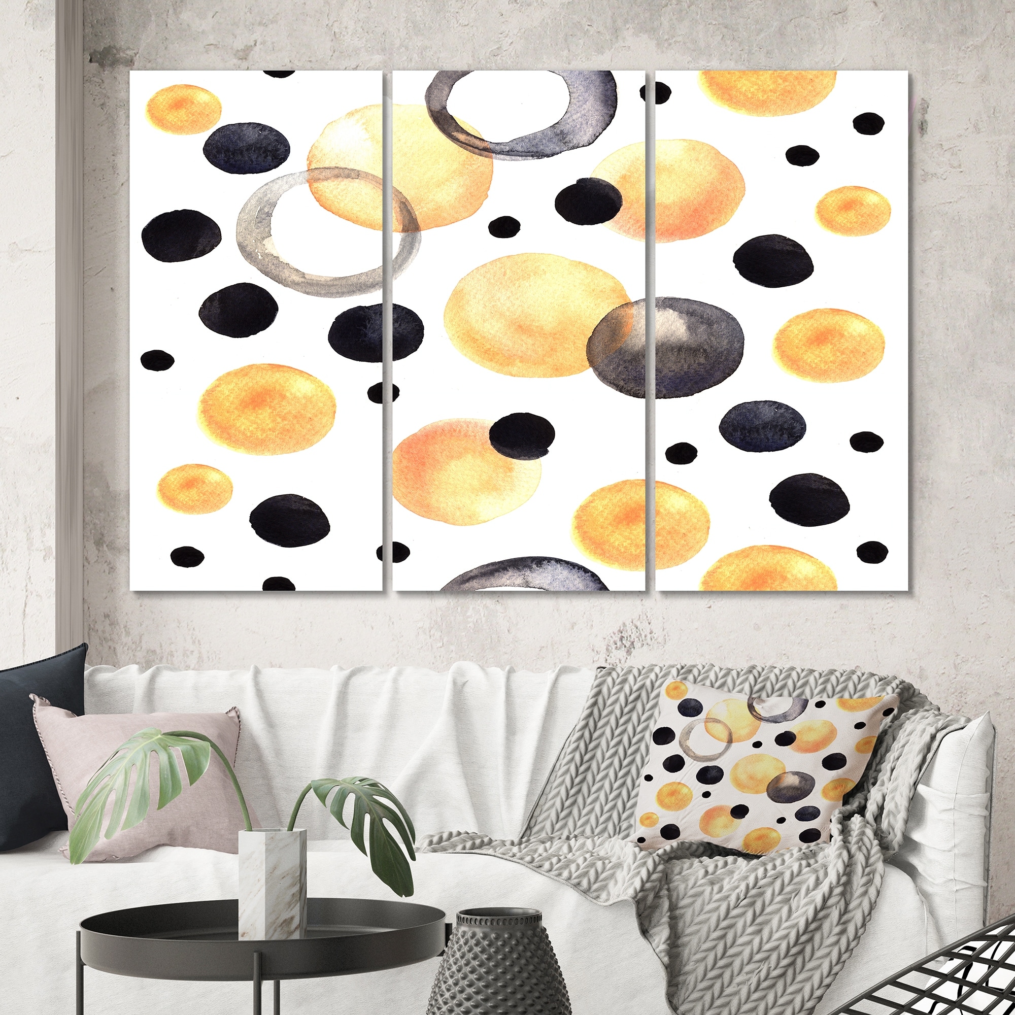Designart "Black And Yellow Circles On White" Patterned Canvas Wall Art Print