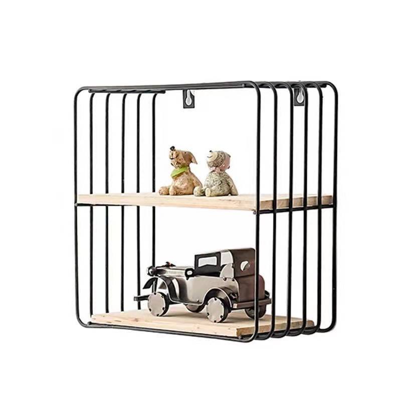 Iron Wall Square Double Shelves Wall Hanging Baskets - Black