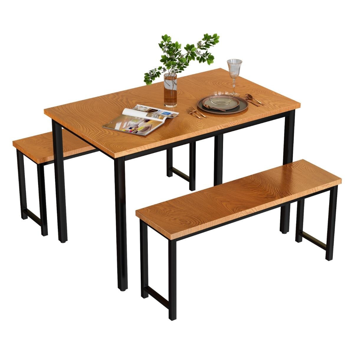 Eureka Industrial 3-piece Dining Set, Modern Kitchen Dining Table with Two Benches for Home, Kitchen, Dining Room, Bar