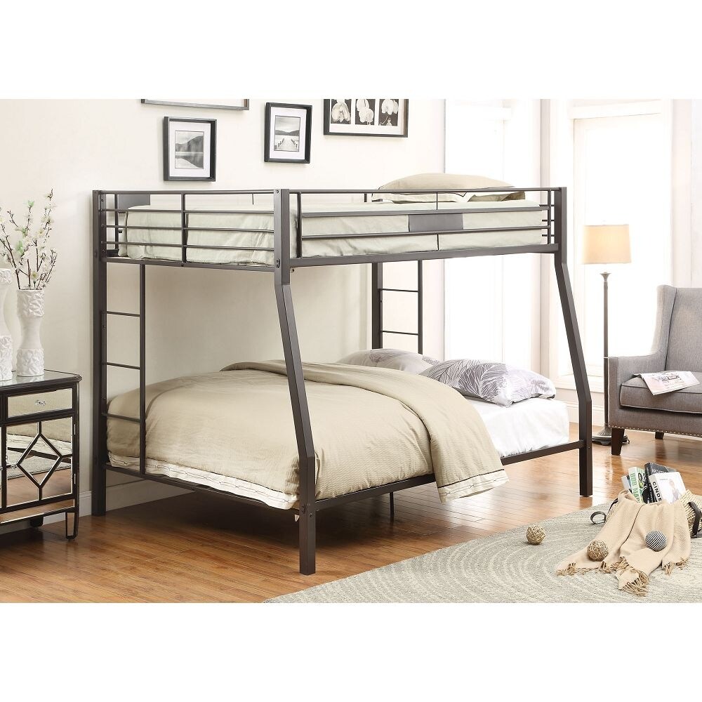 Contemporary Full Queen Bunk Bed with 2 Built-in Side Ladders and Full-Length Guardrails, Metal Frame Full XL Queen Bunk Bed