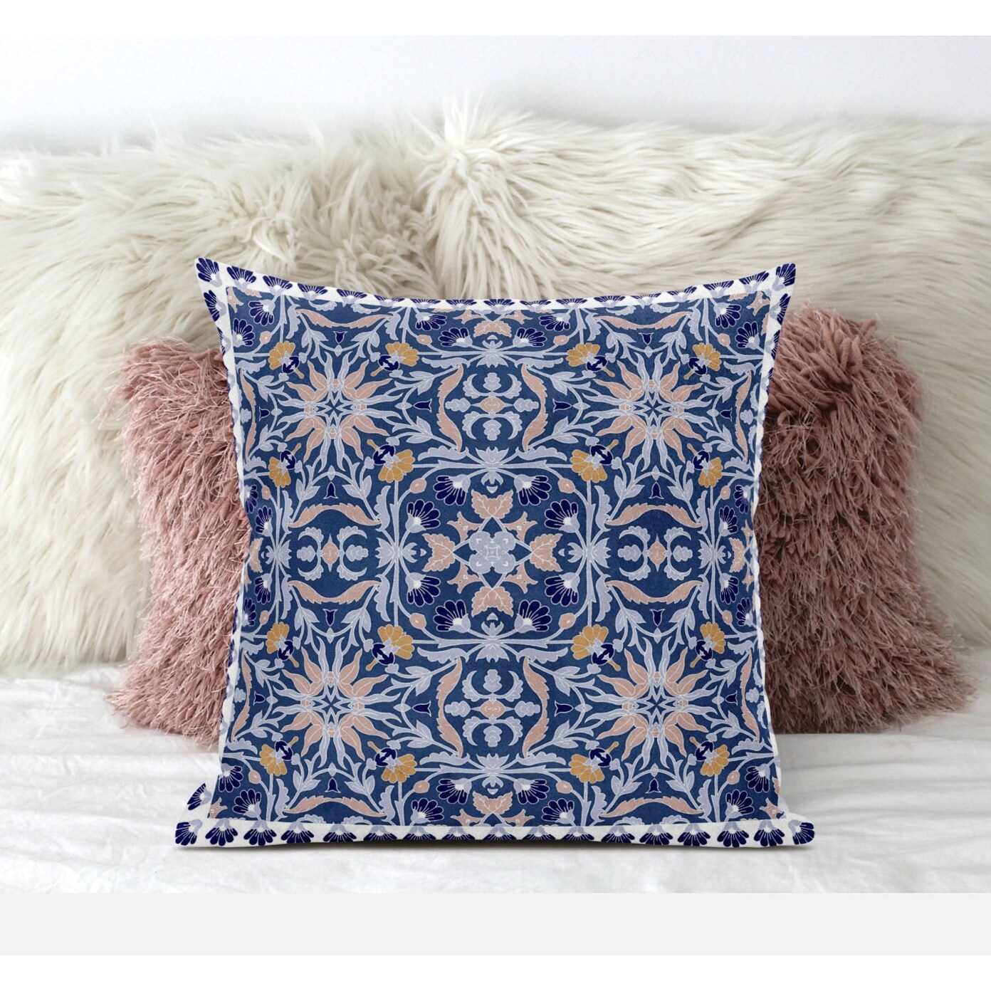 16" Blue Pink Paisley Zippered Suede Throw Pillow