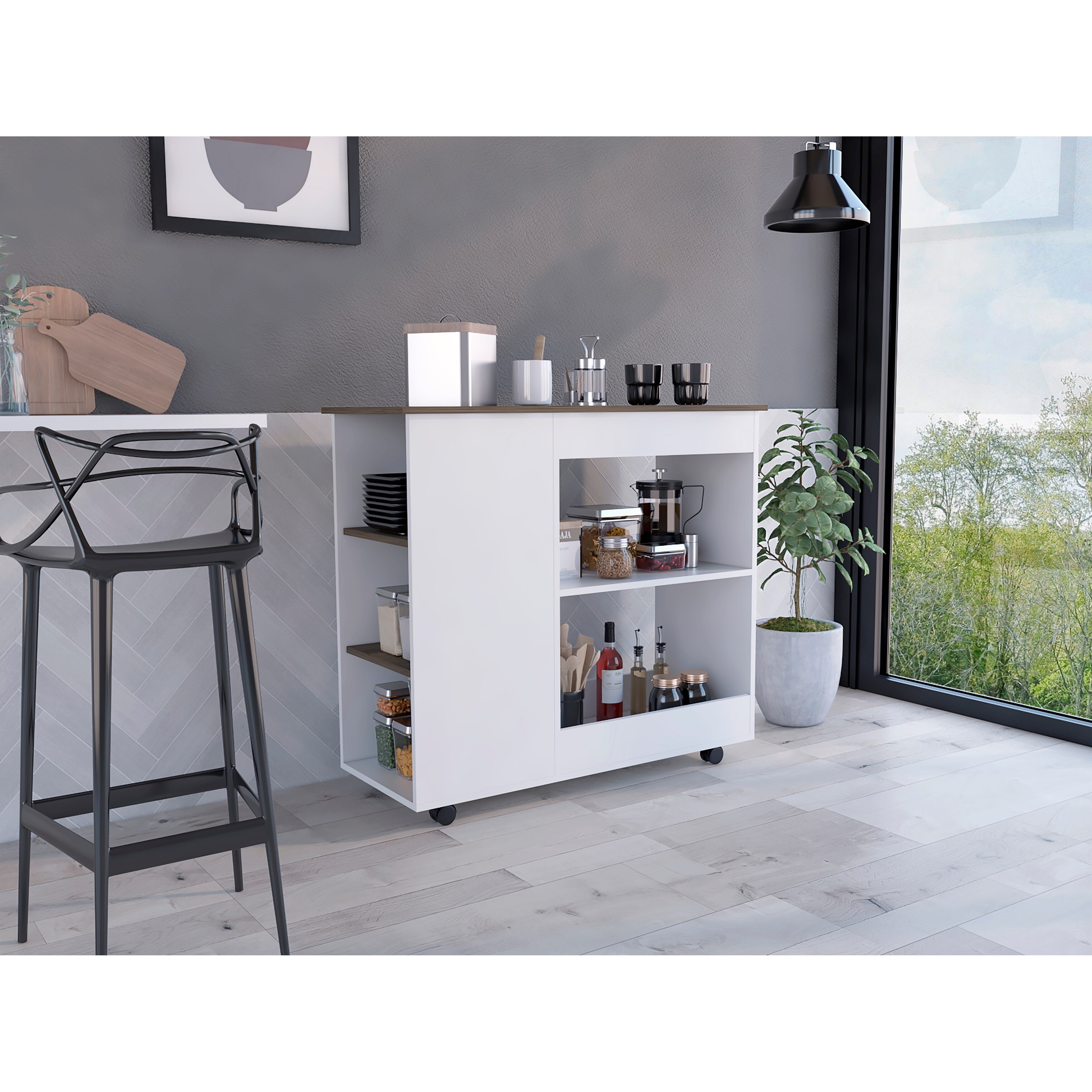 FM Furniture Arizona Kitchen Cart with 2 Storage Shelves, 3 Side Shelves, and 4 Casters