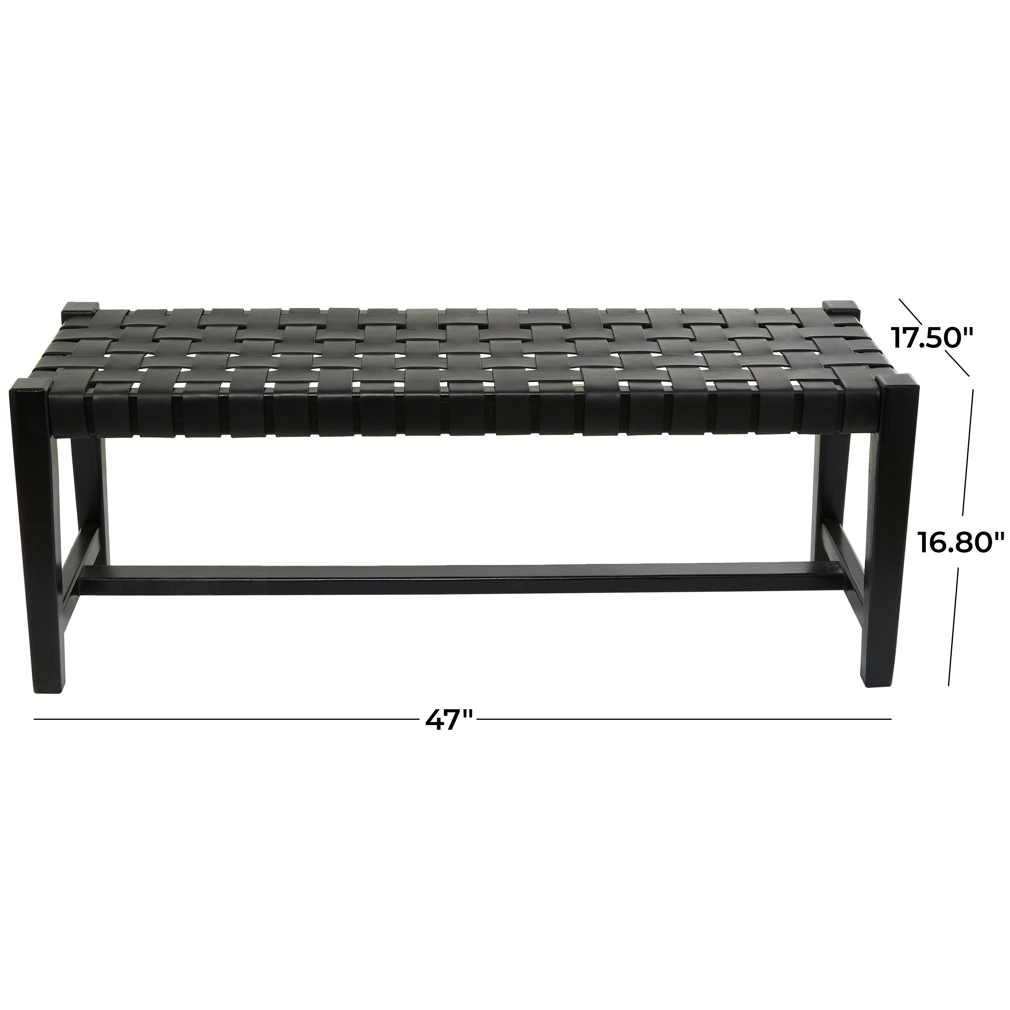 Black or Brown Leather Handmade Woven Seat Bench - 47 x 18 x 17 - Black