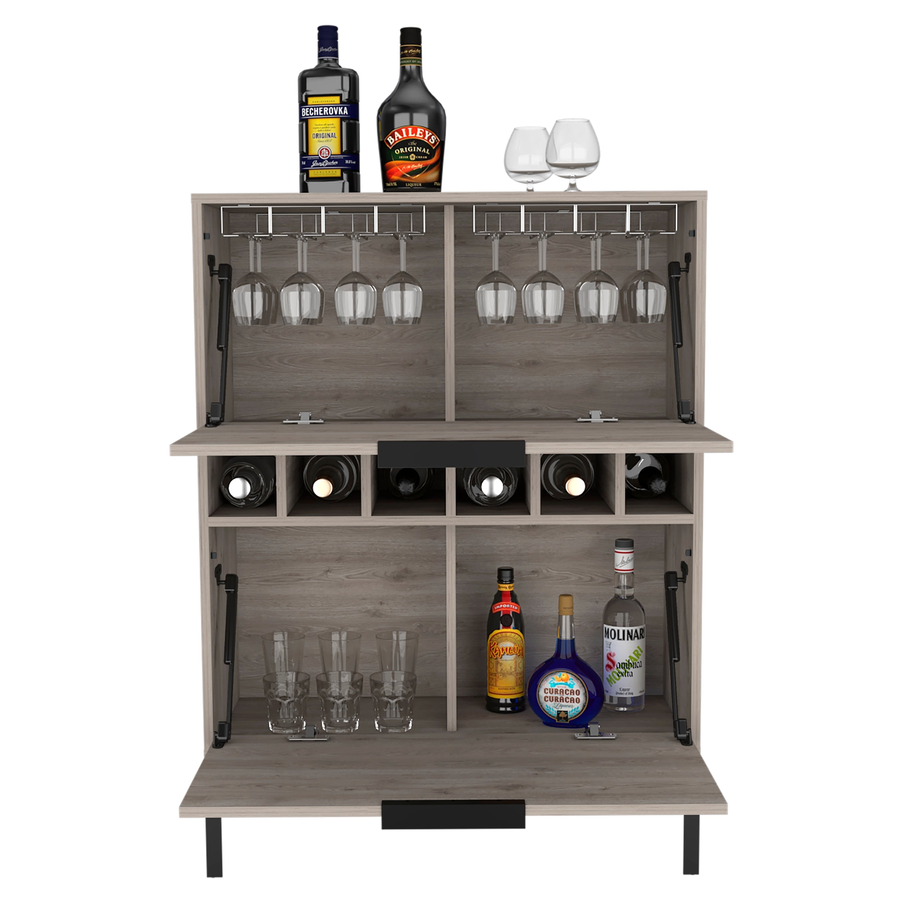 TUHOME Lyrata 43-inch Tall Bar Cabinet with 6 Wine Cubbies, Rack, and Double Door