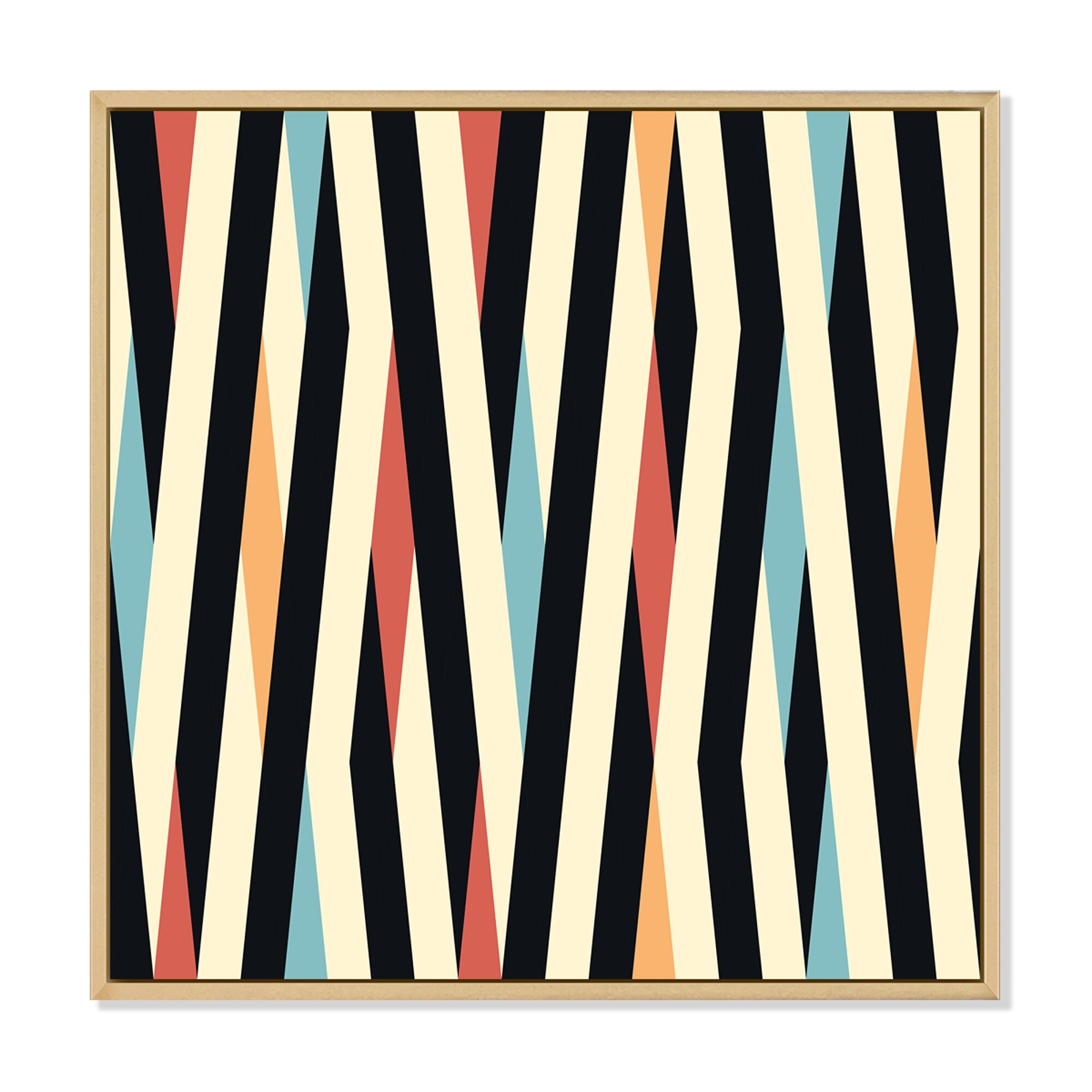 Designart "Retro Black And Beige Stripes In Blue Red, Yellow" Patterned Framed Canvas Wall Art Print