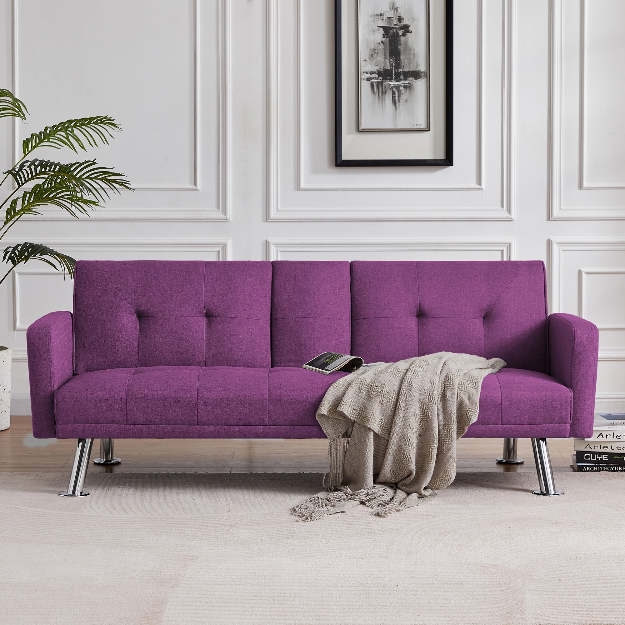 Modern Convertible Folding Sofa Bed with Armrest Fabric Sleeper Adjustable Fabric Sofa Couch with Metal Leg for Living Room - Purple