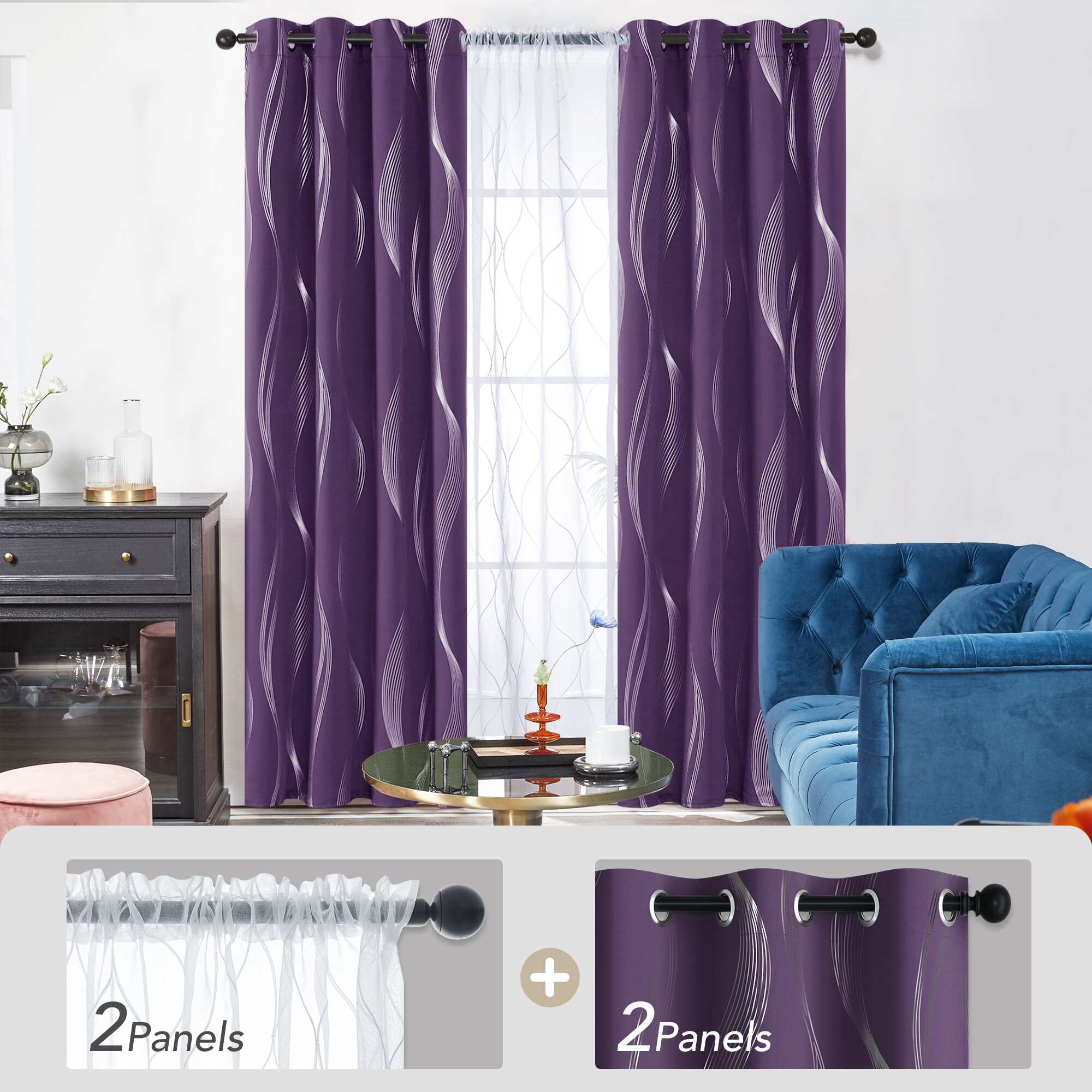 Deconovo Mix and Match Blackout and Sheer 4 Piece Wave Curtain Panel Set
