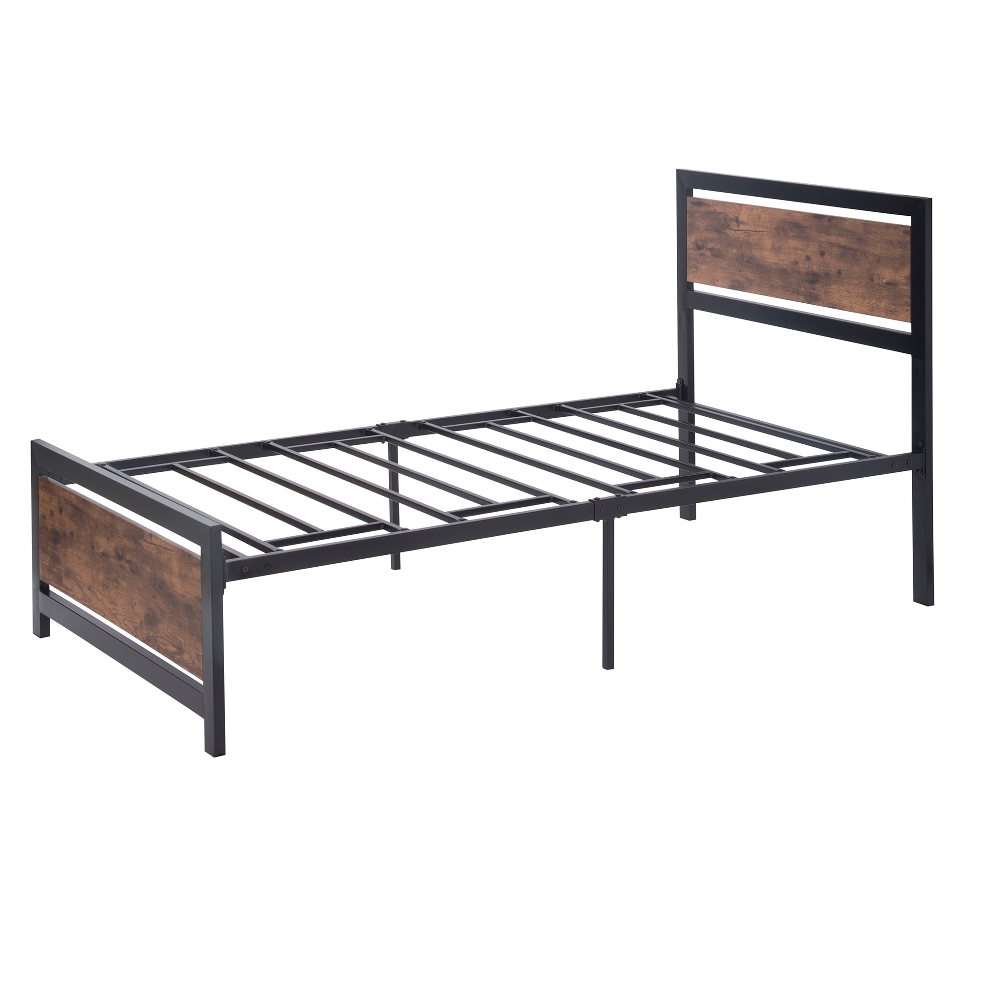 Unique Style Metal and Wood Bed Frame with Headboard and Footboard ,Twin Size Platform Bed, Easy to Assemble(BLACK)