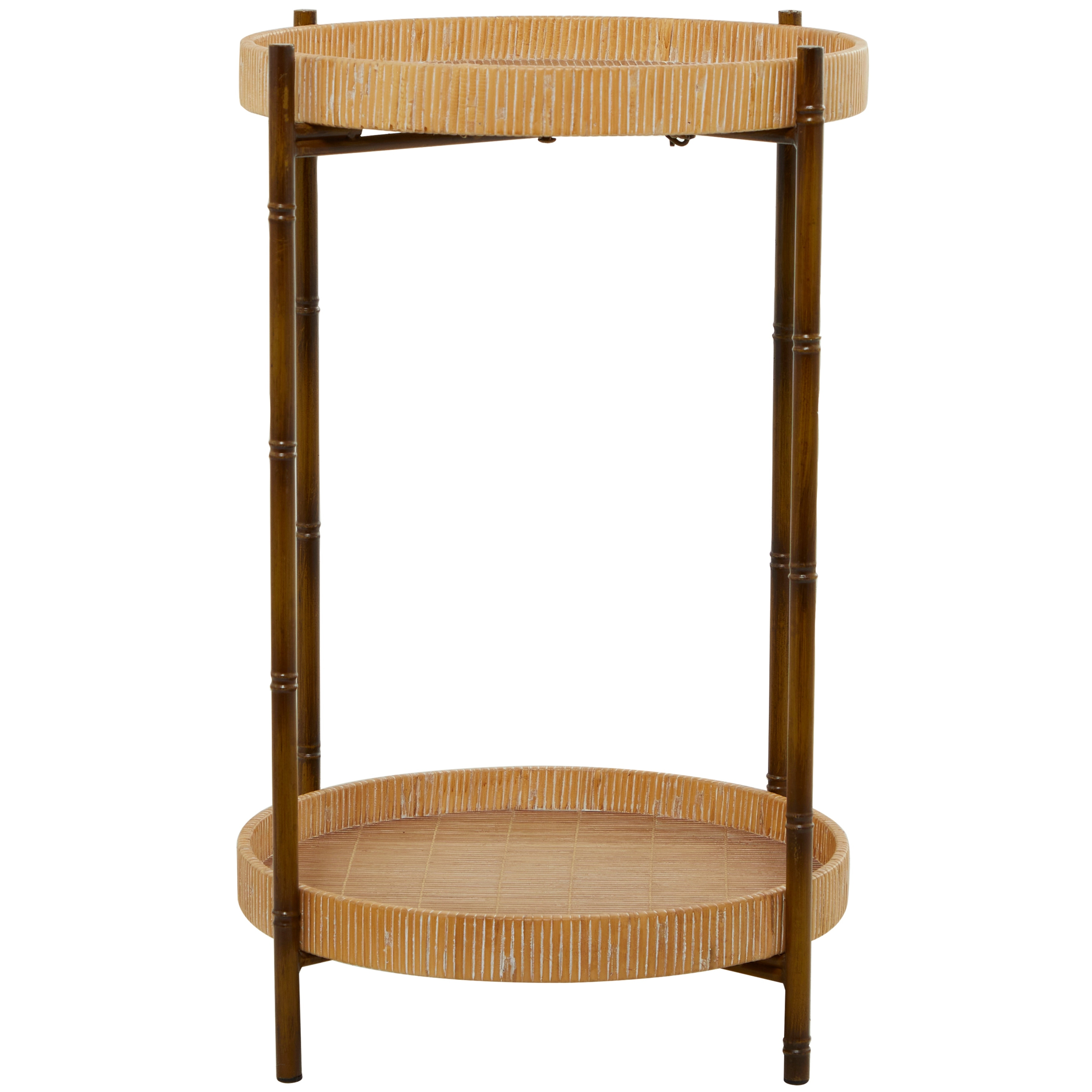 Brown Rattan 2 Tray Shelves Accent Table with Metal Bamboo Inspired Legs - 18 x 18 x 26