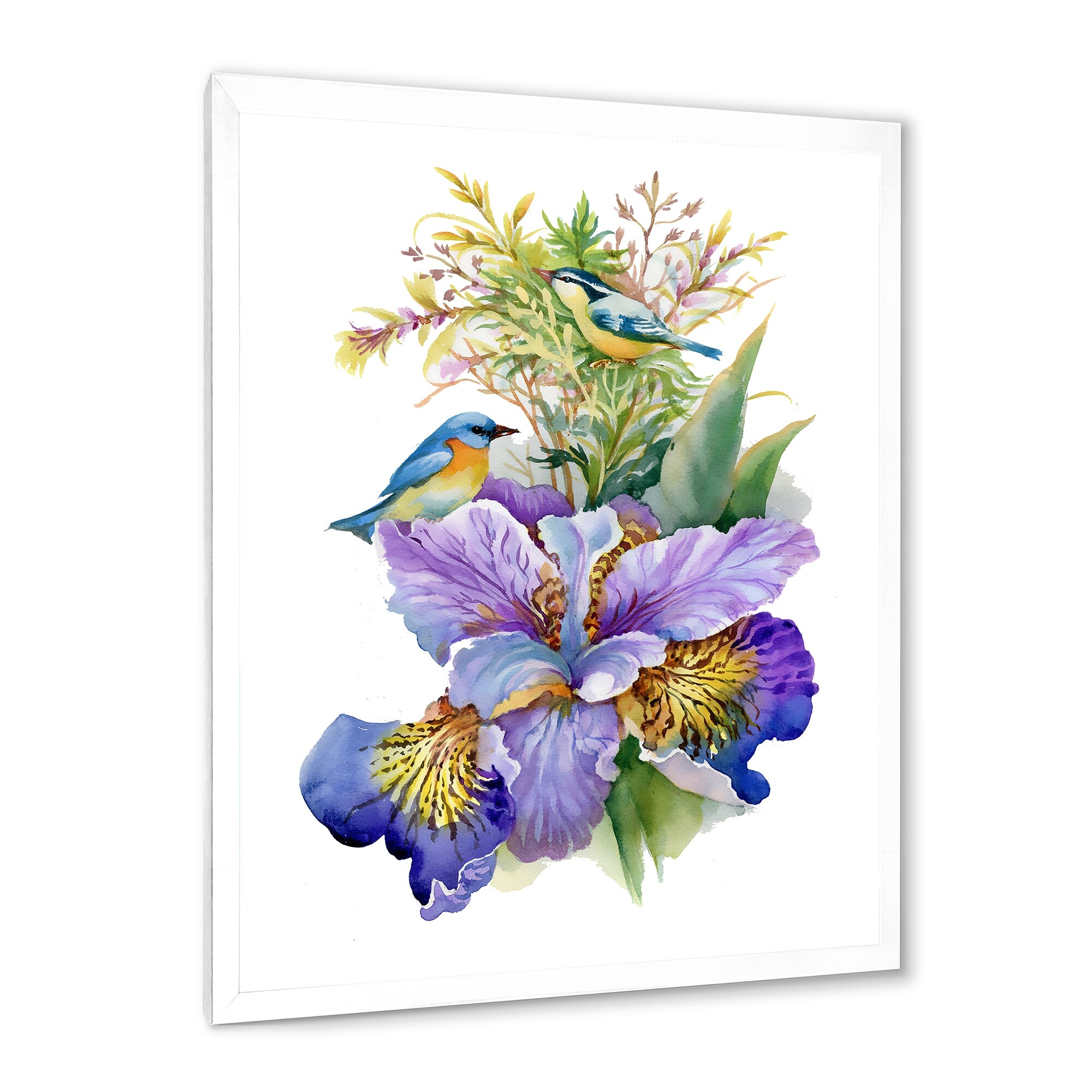 Designart "Purple Iris With Birds" Traditional Framed Art Print
