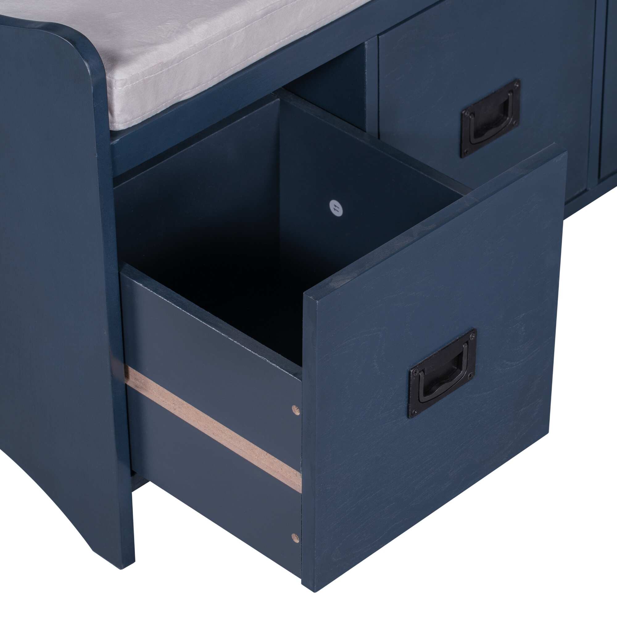 Movable Cushion Storage Bench with Drawers and Backrest（Antique Navy）