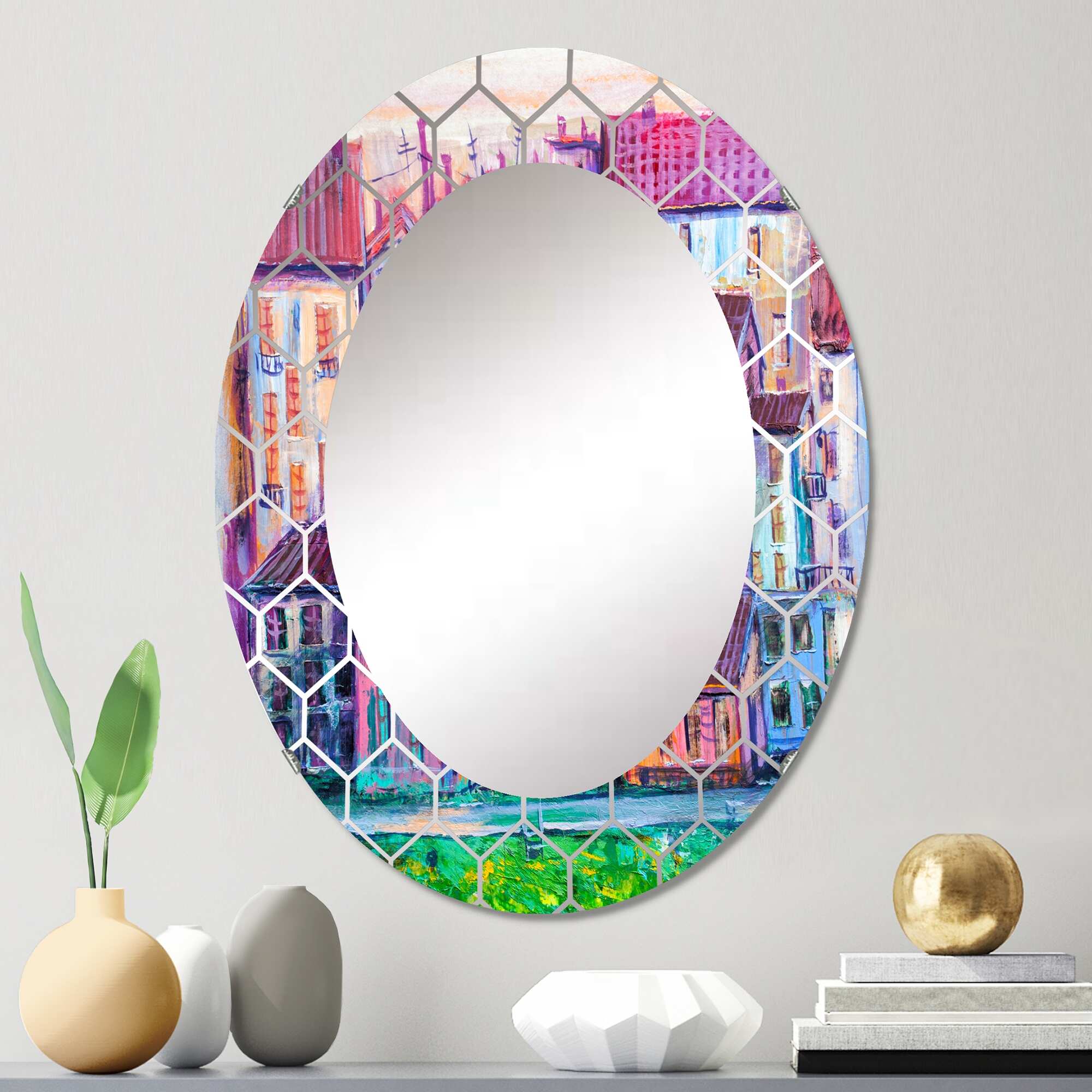 Designart 'Street With Colorful Old Homes' Printed Modern Wall Mirror