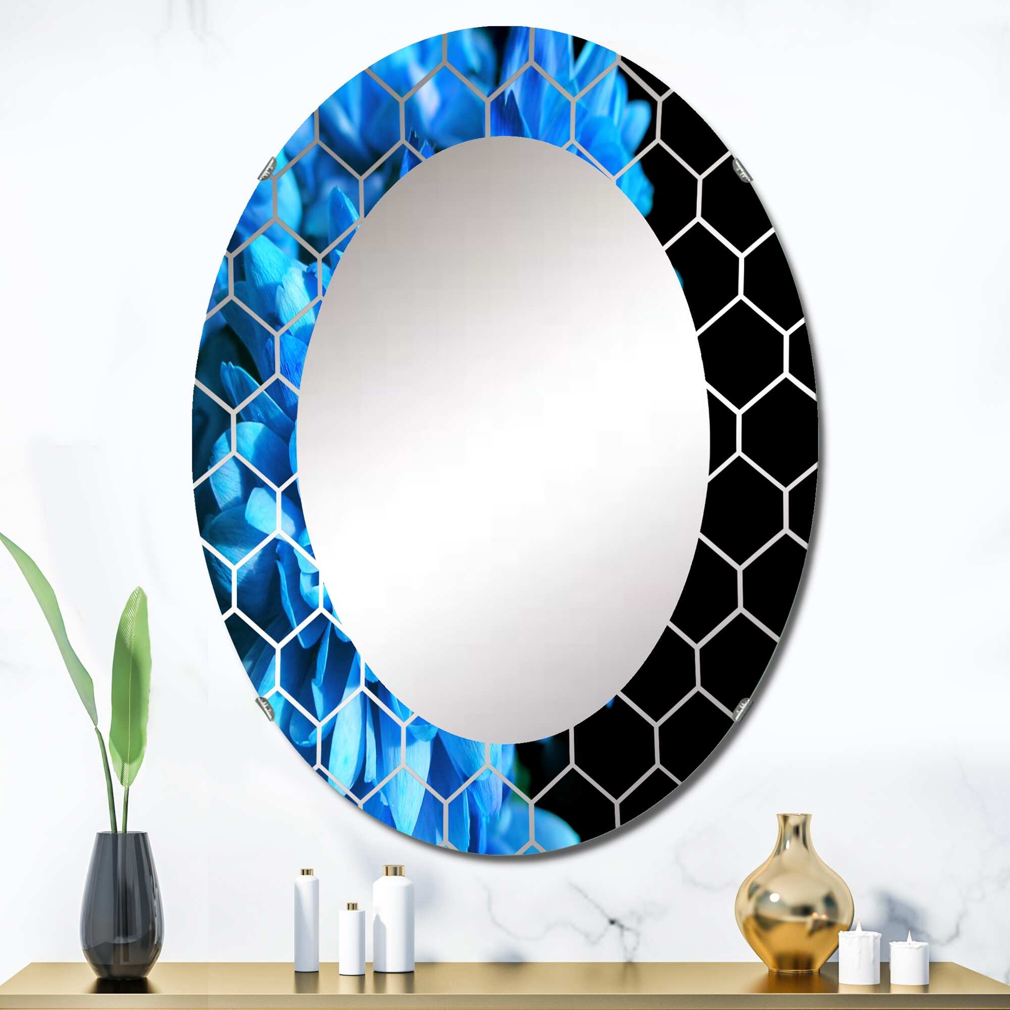 Designart 'Detail of Blue Flowers On Black I' Printed Traditional Wall Mirror
