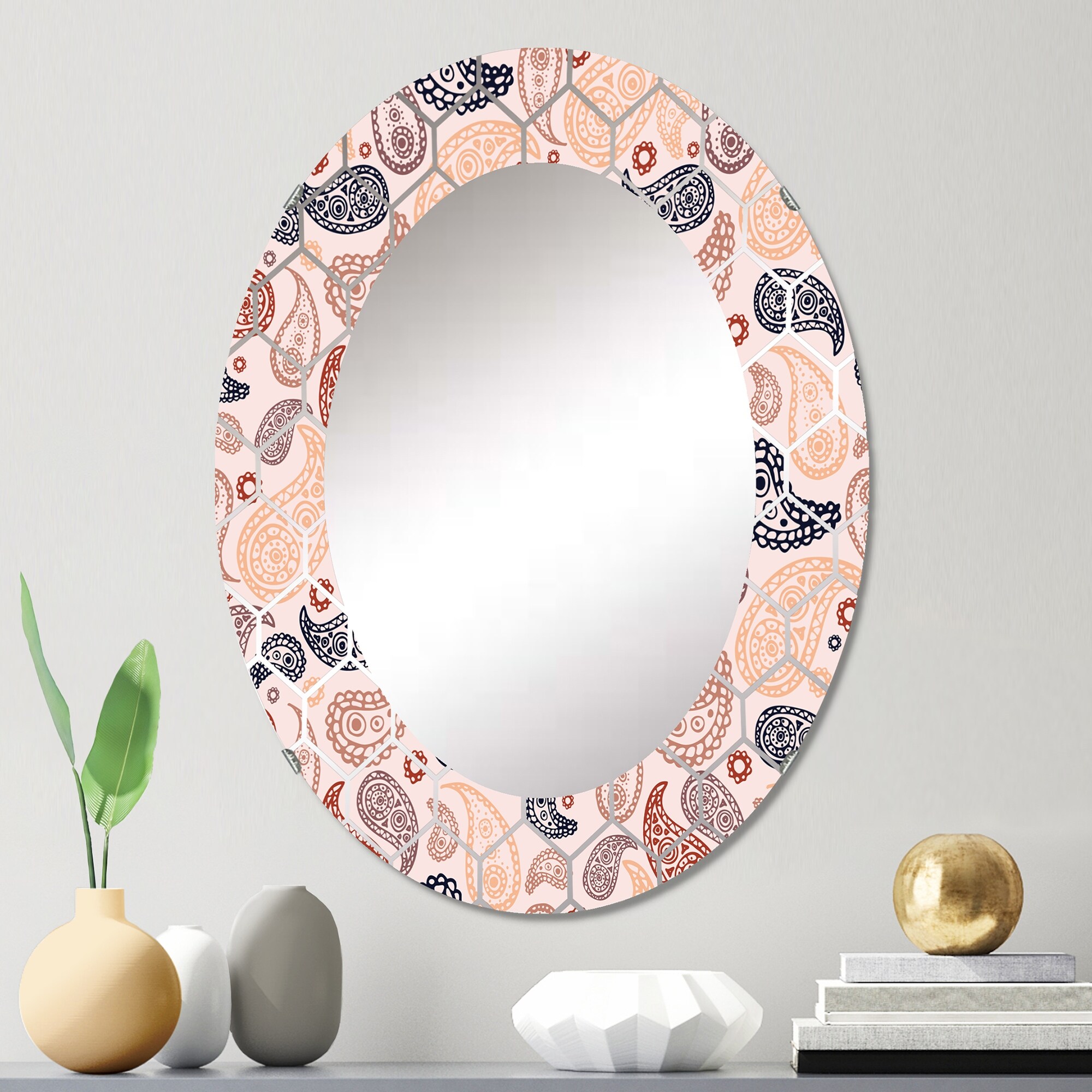 Designart 'Blue Brown And Orange Paisley On Pink' Printed Modern Wall Mirror